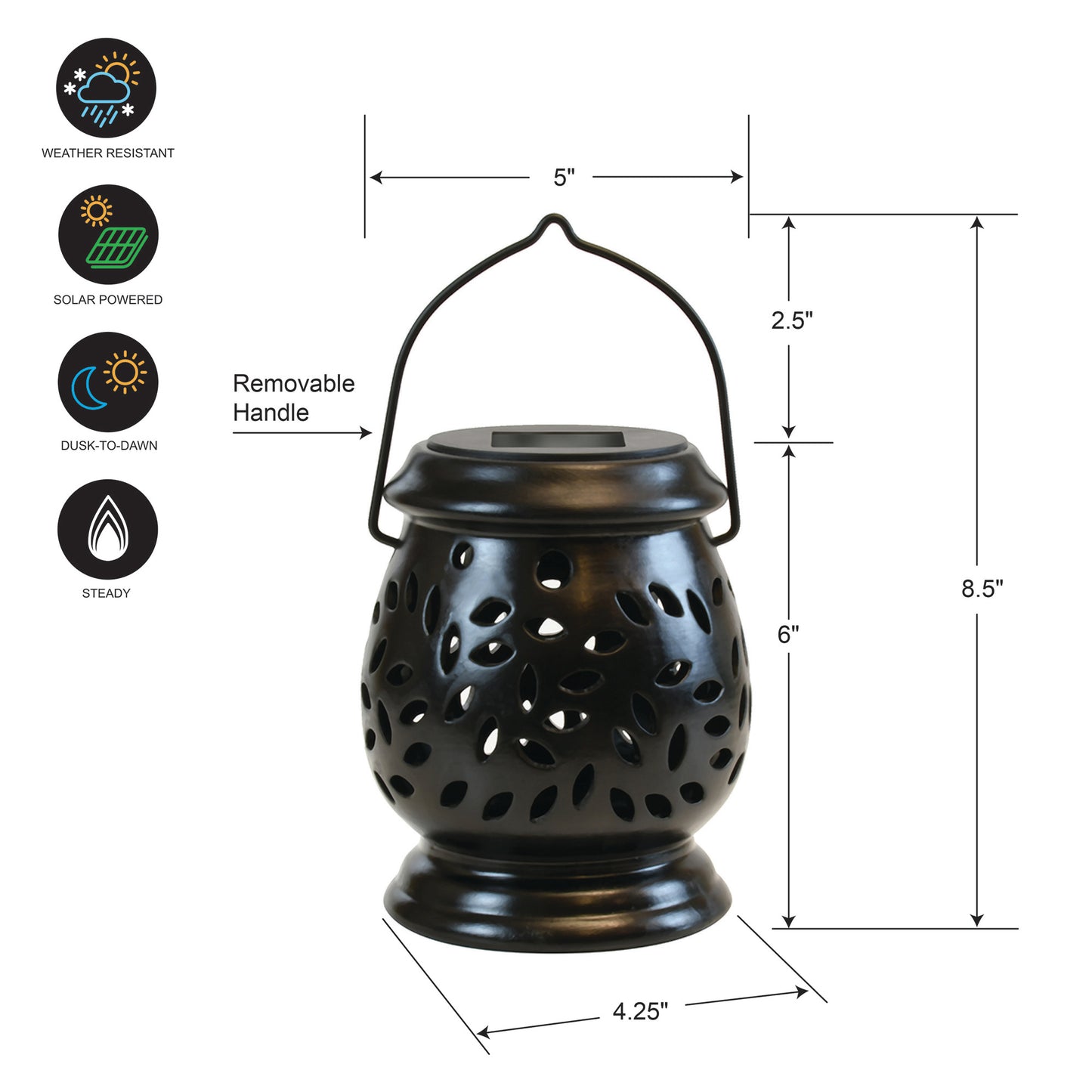 Solar Powered Black Ceramic Lantern with LED Light