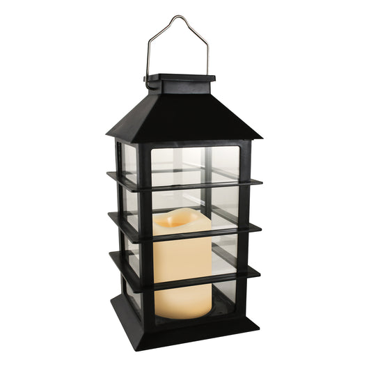 Solar Powered Lantern with LED Candle - Black