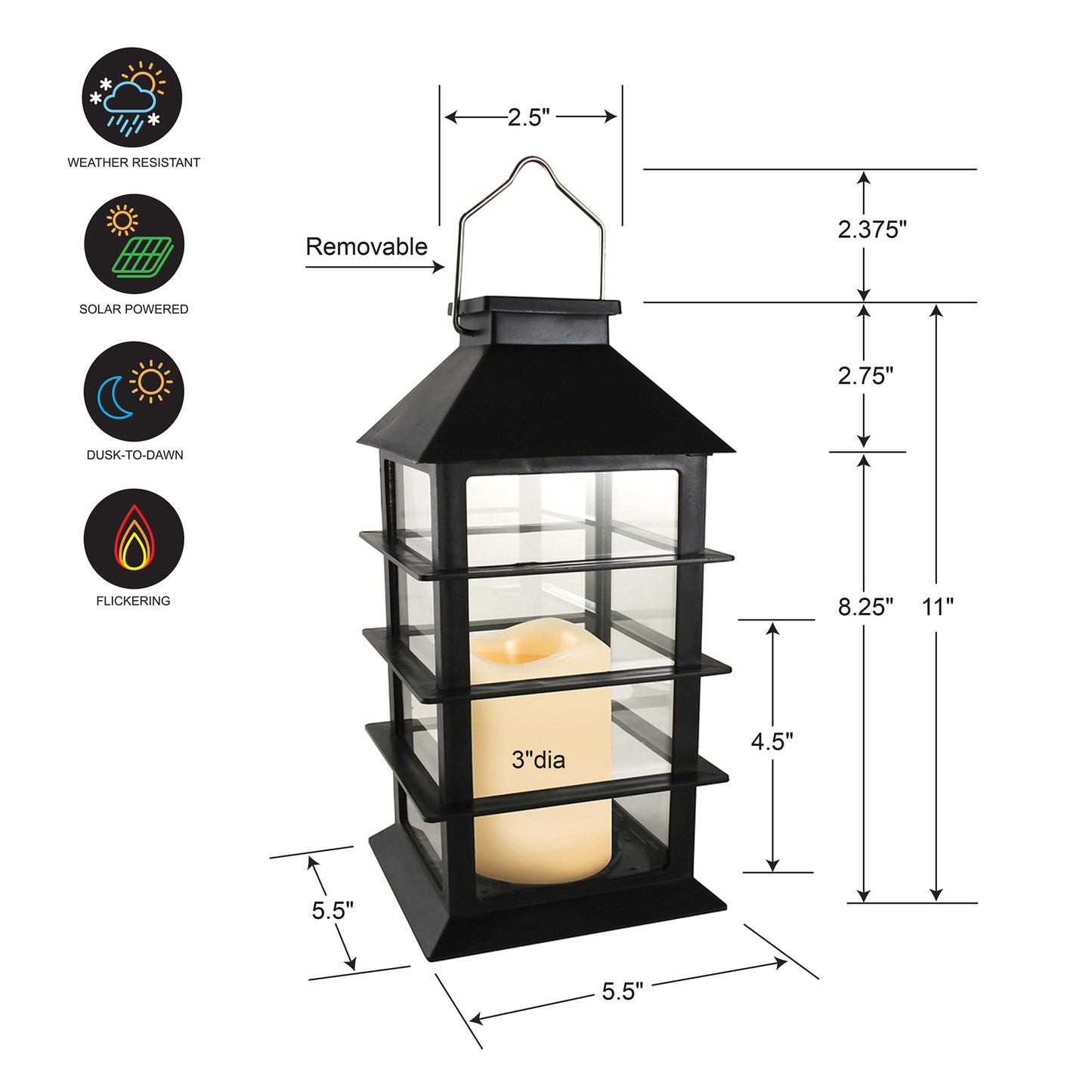 Solar Powered Lantern with LED Candle - Black