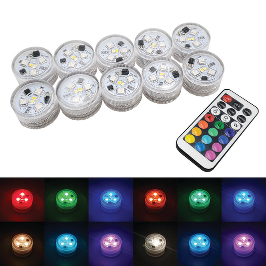 Submersible Battery Operated Multi-Function LED Lights with Remote Control - Set of 10