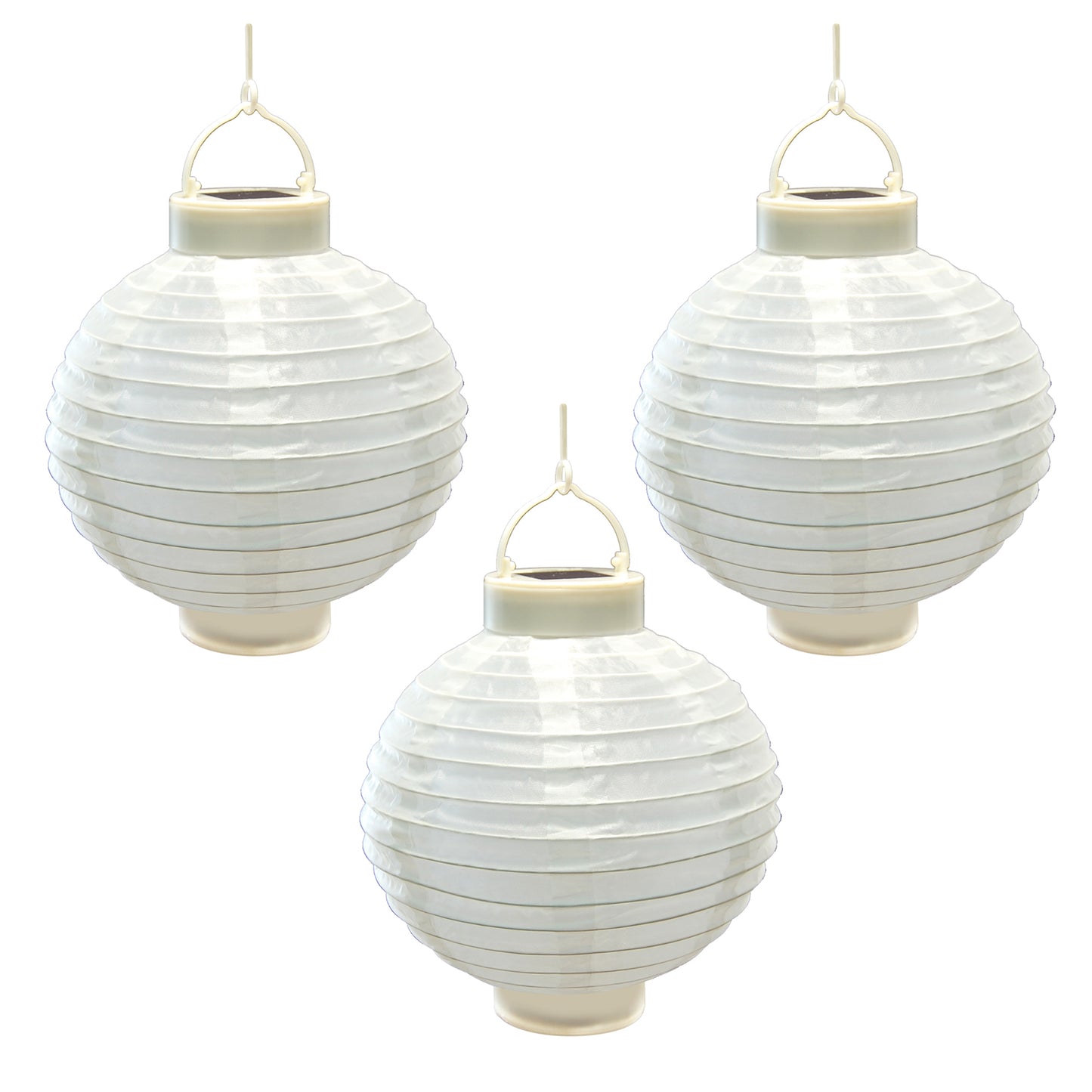 Solar Powered Nylon Lanterns with Lights, White - Set of 3