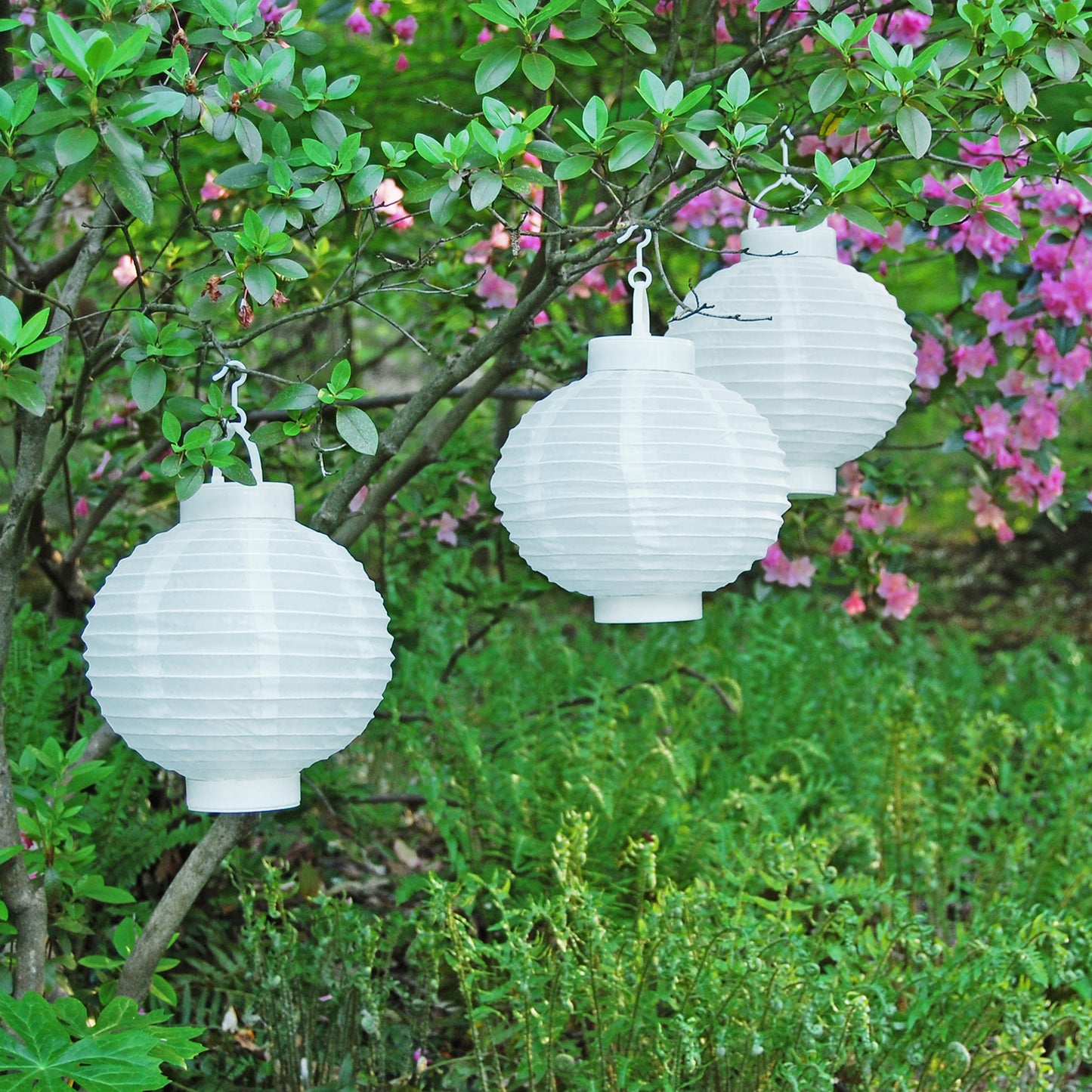 Solar Powered Nylon Lanterns with Lights, White - Set of 3