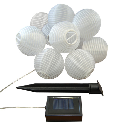 Solar Powered String Lights with 10 Nylon Lanterns - White