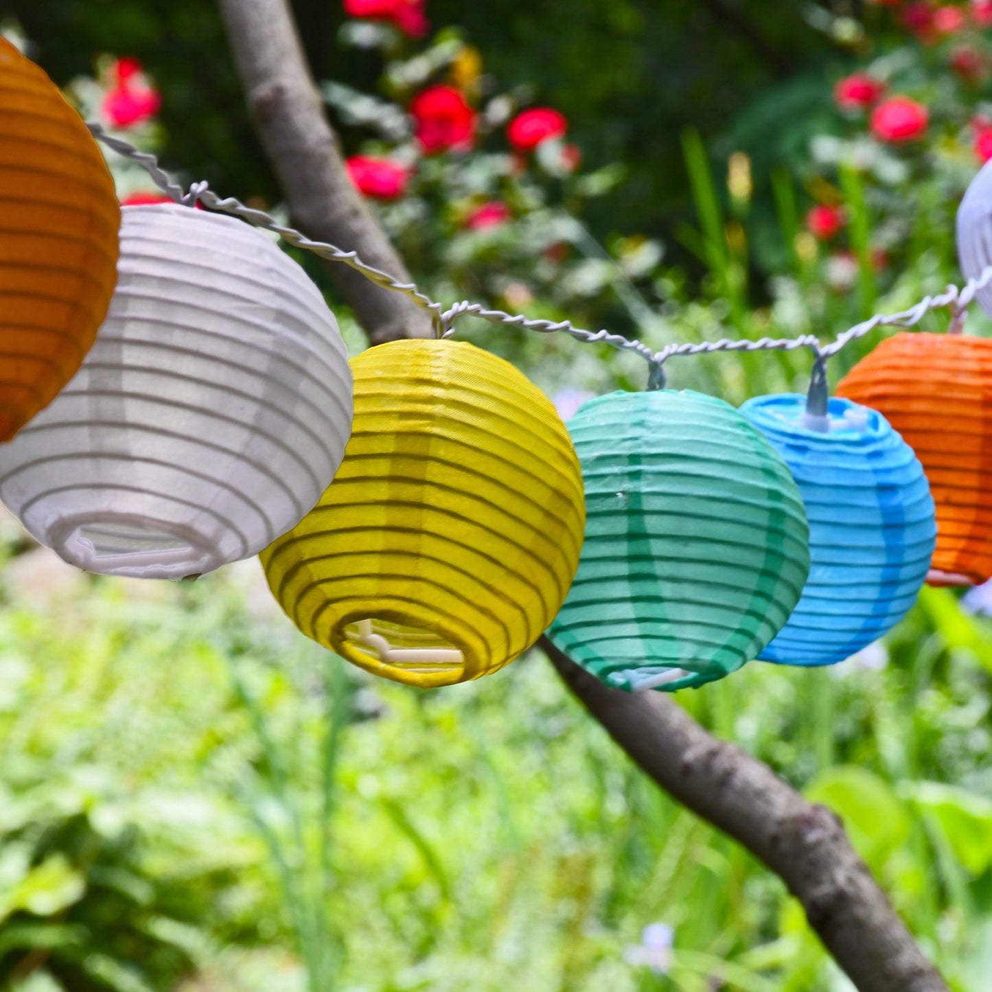 Solar Powered String Lights with 10 Nylon Lanterns - Multicolor