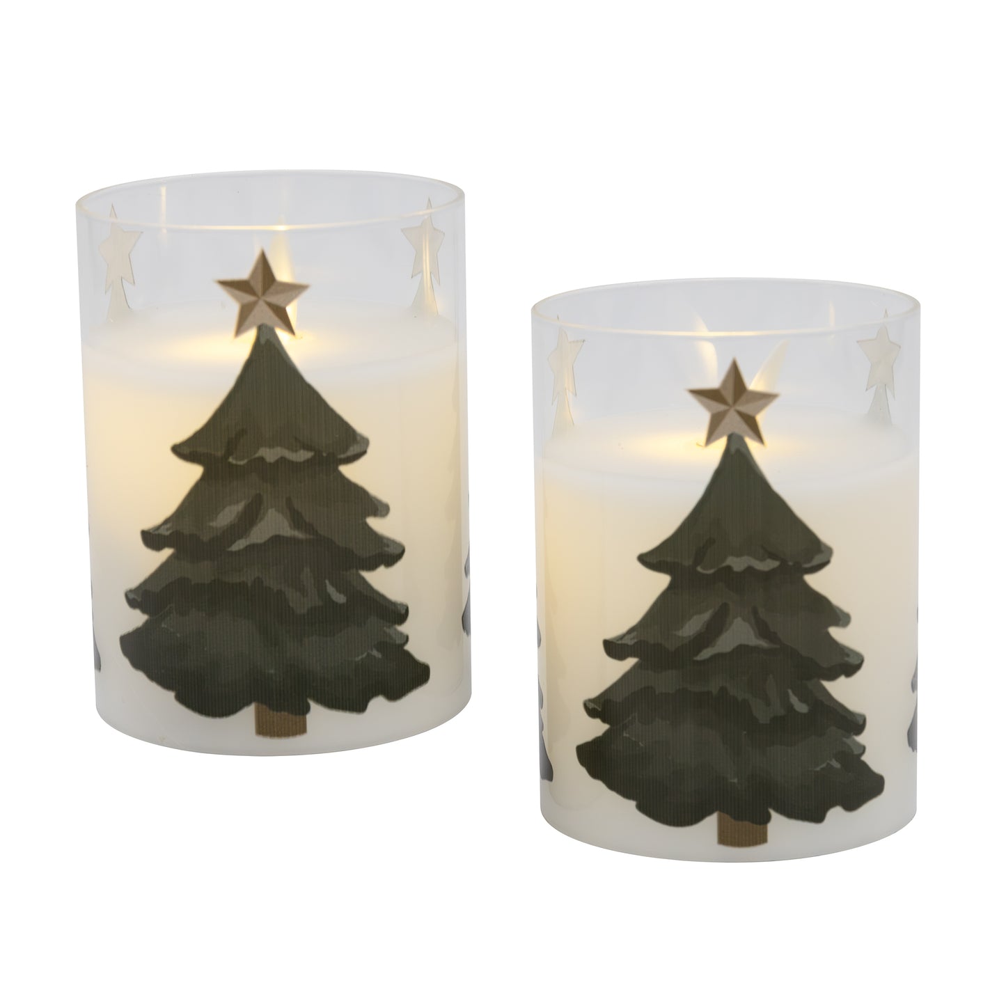 Battery Operated LED Glass Candles with Flickering Flame, Holiday Tree - Set of 2