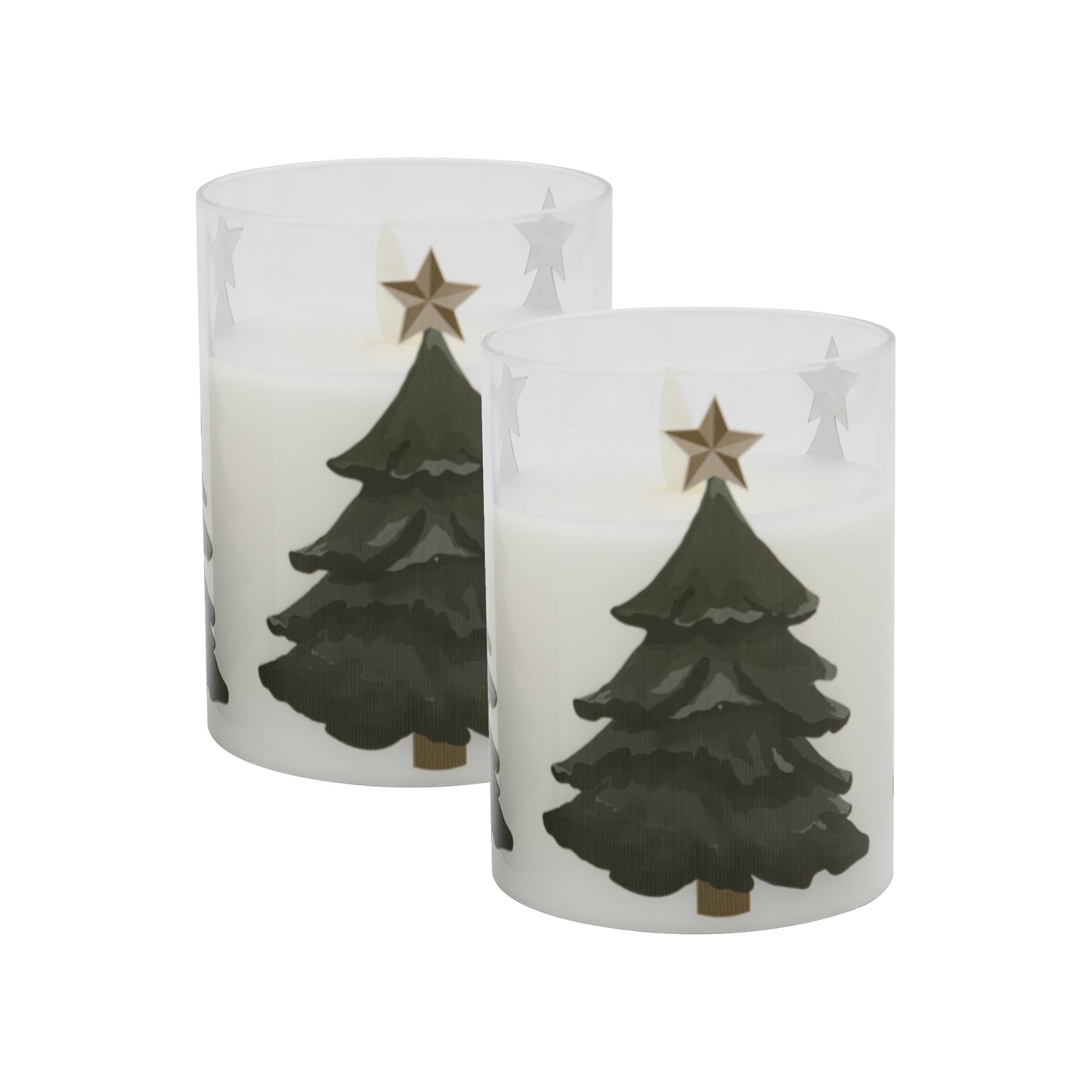 Battery Operated LED Glass Candles with Flickering Flame, Holiday Tree - Set of 2