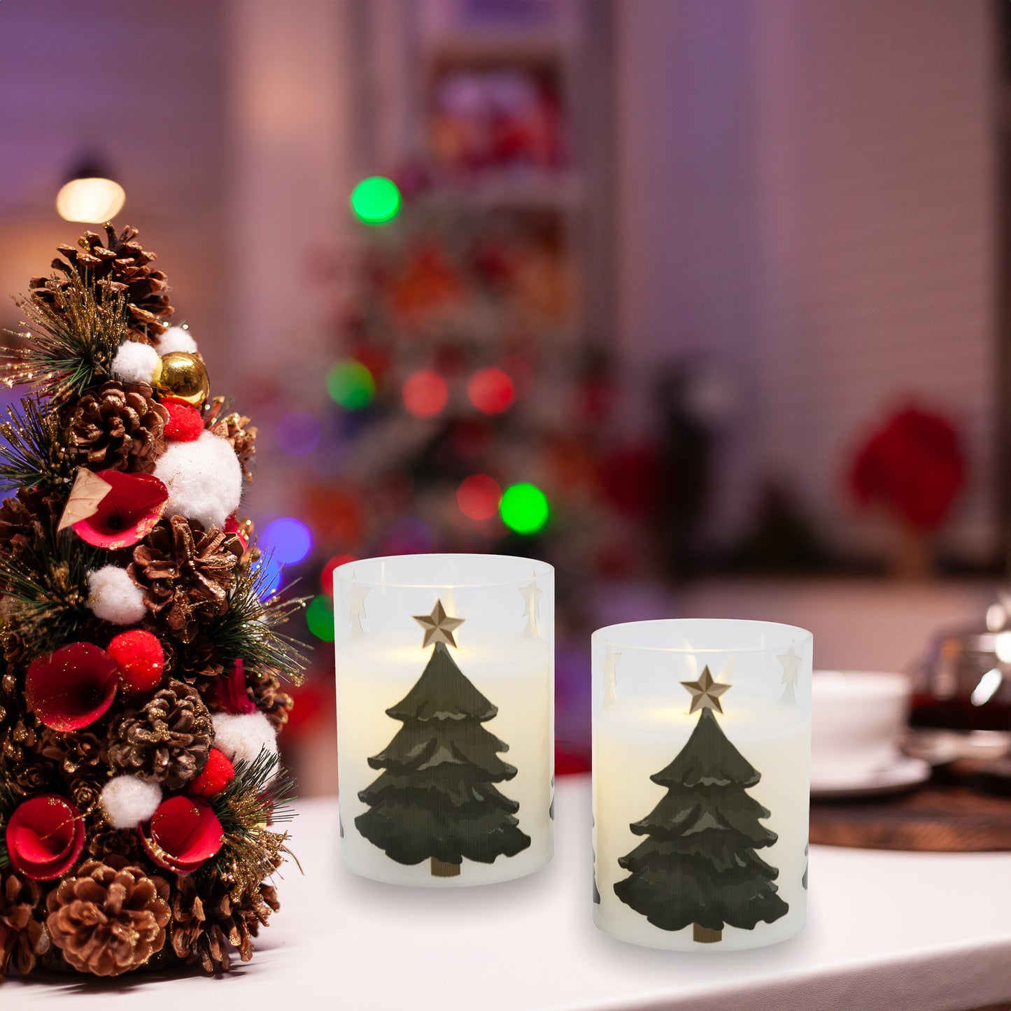 Battery Operated LED Glass Candles with Flickering Flame, Holiday Tree - Set of 2