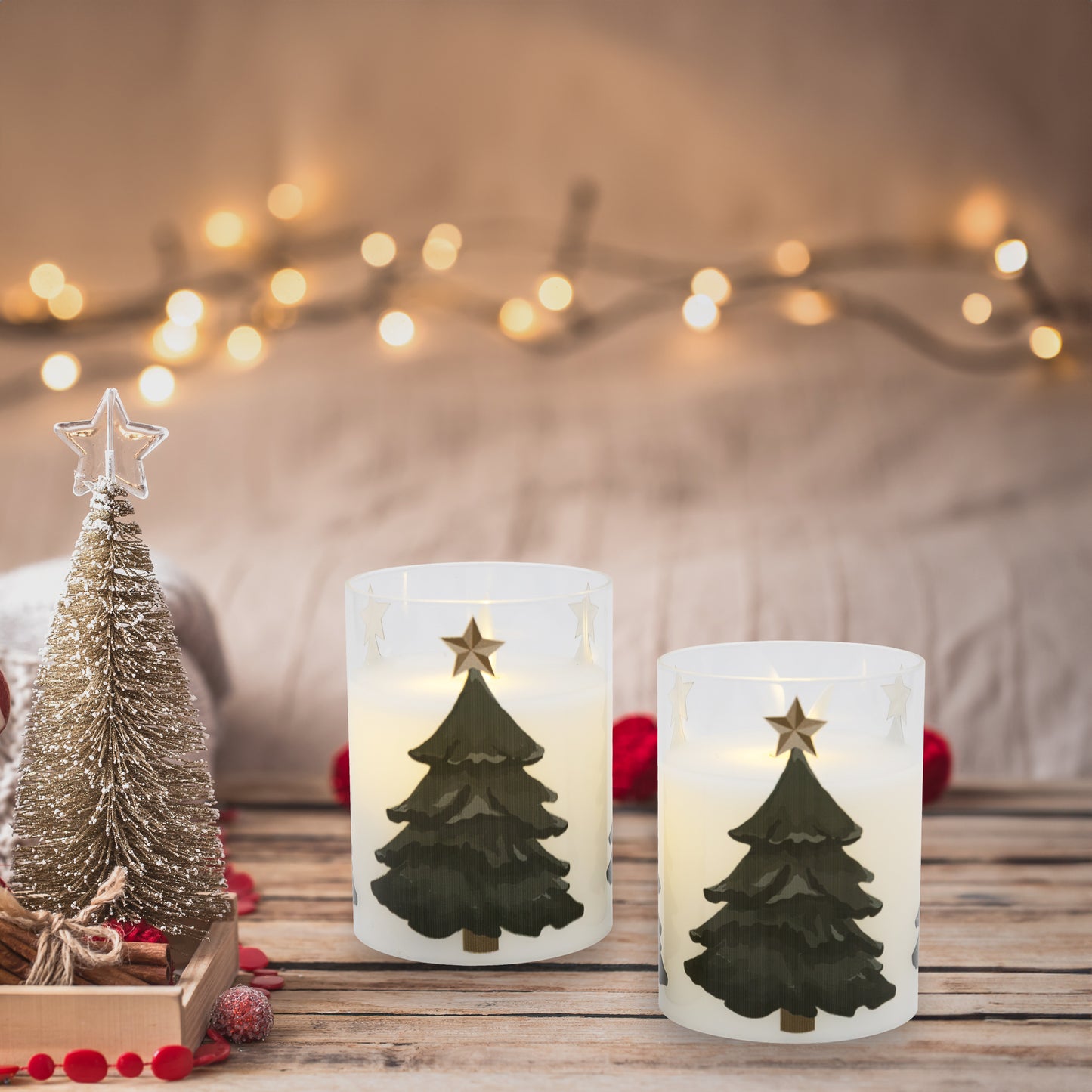 Battery Operated LED Glass Candles with Flickering Flame, Holiday Tree - Set of 2