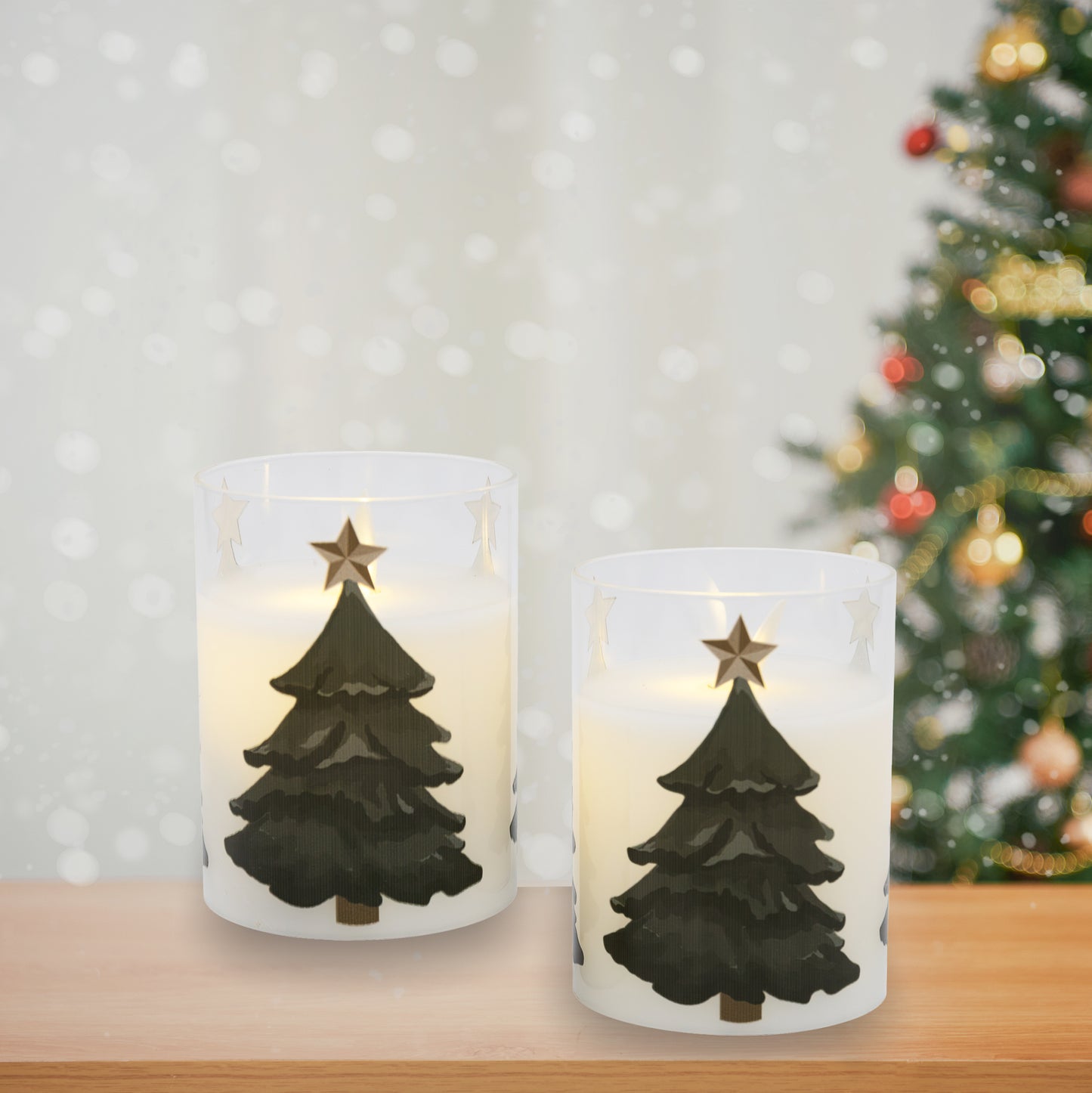 Battery Operated LED Glass Candles with Flickering Flame, Holiday Tree - Set of 2