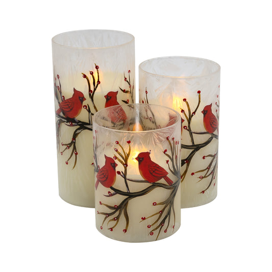 Battery Operated LED Red Cardinals Hurricane Candles - Set of 3