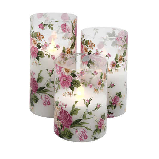 Battery Operated Glass Hurricanes with Floral Design - Set of 3