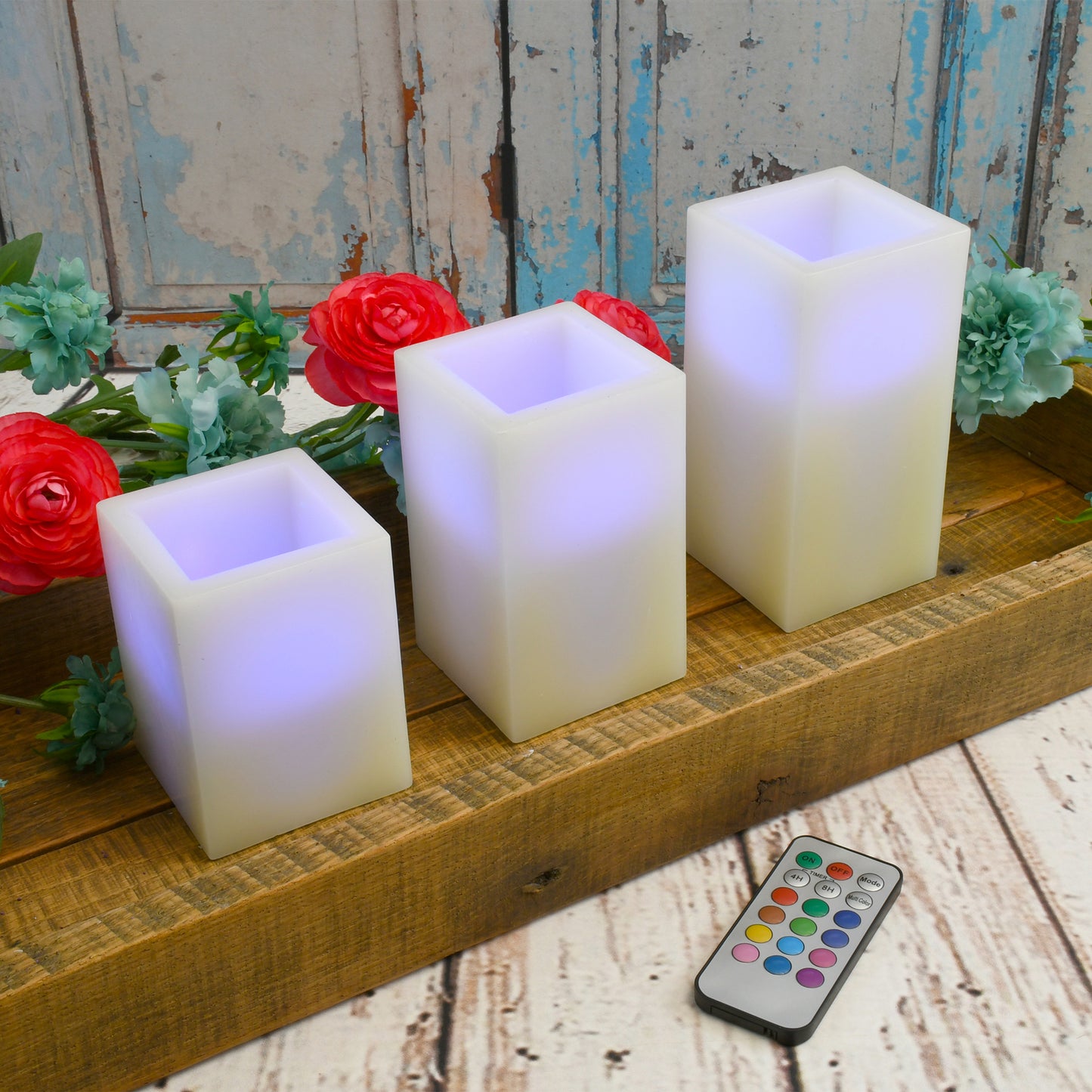 Battery Operated Multifunction Wax LED Candles, Square - Set of 3