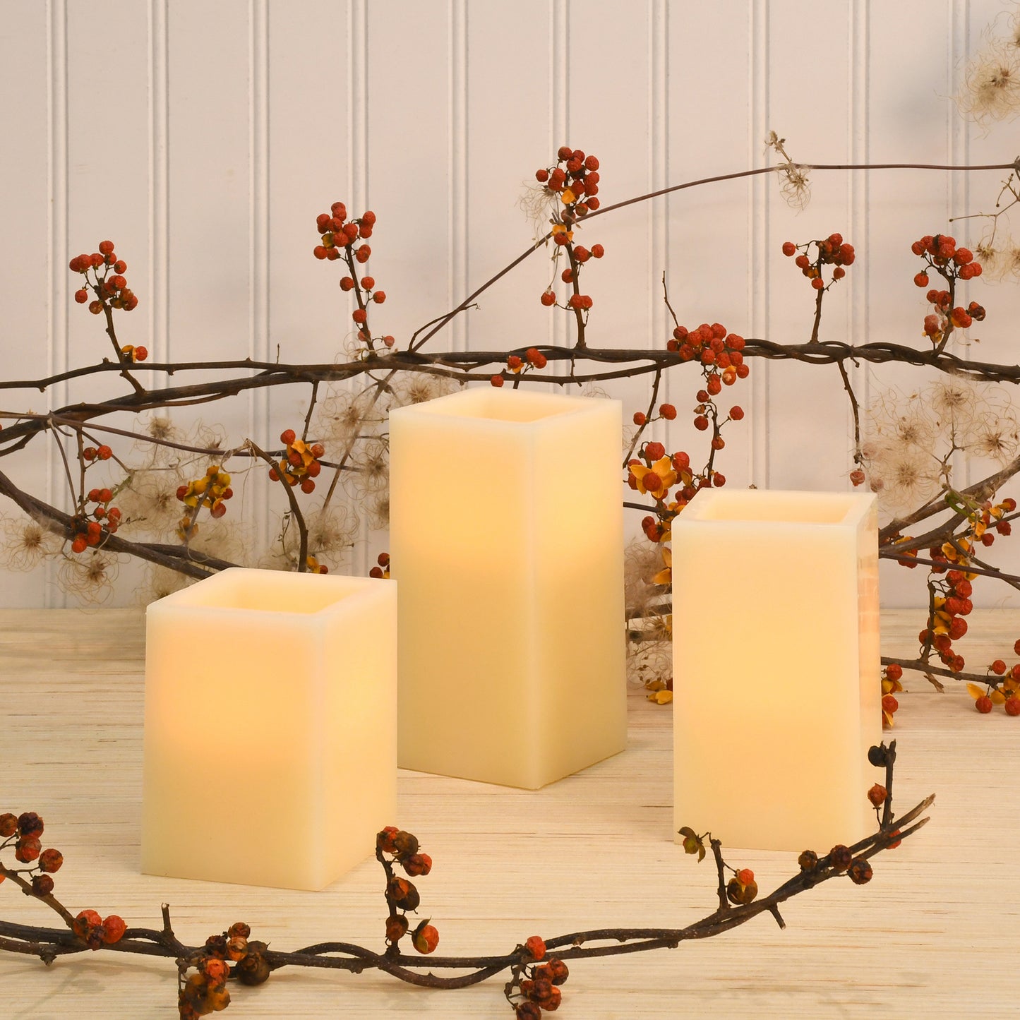 Battery Operated Multifunction Wax LED Candles, Square - Set of 3