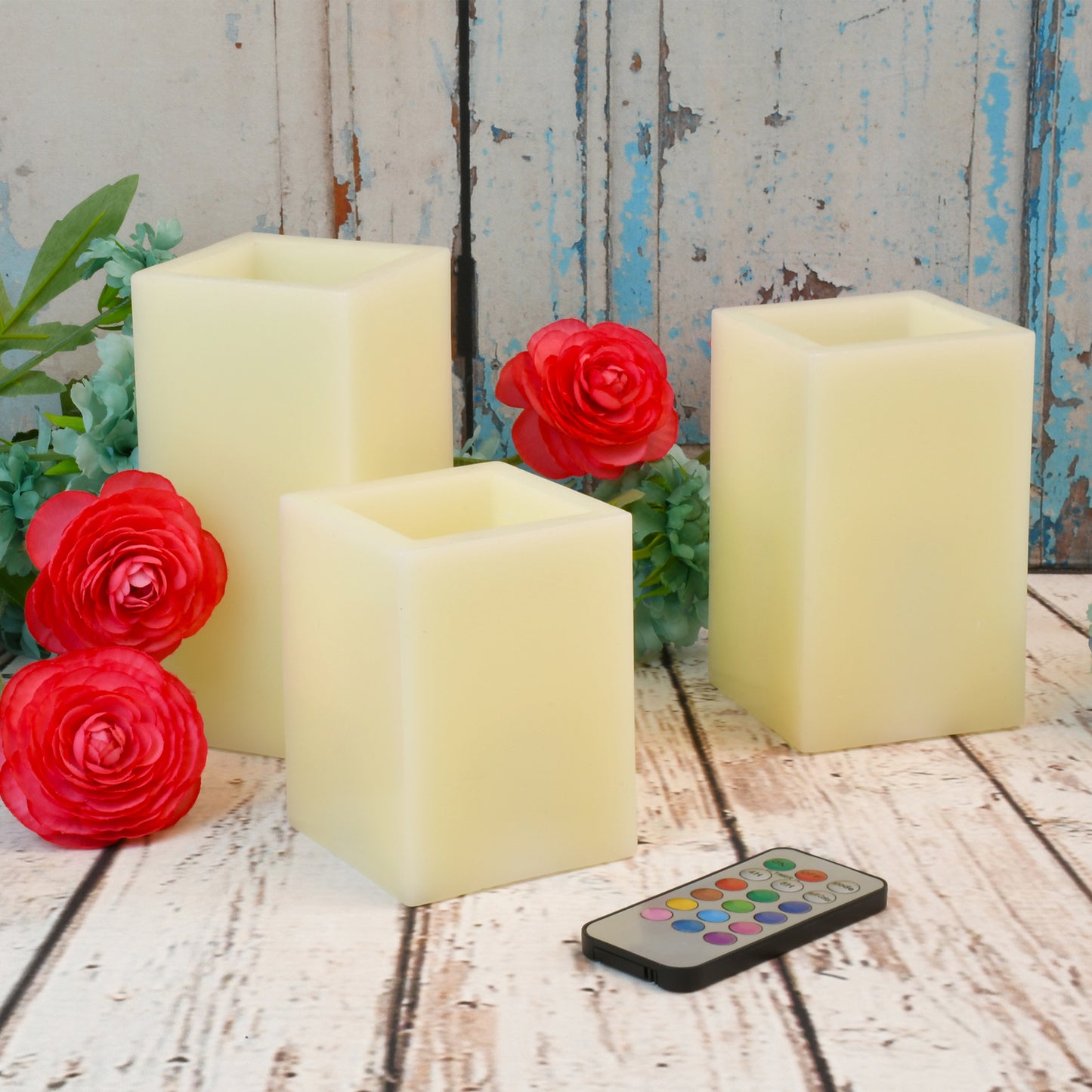 Battery Operated Multifunction Wax LED Candles, Square - Set of 3