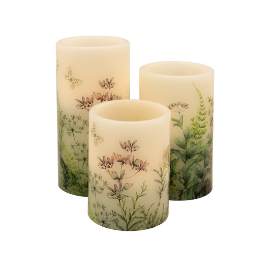 Battery Operated Wax Candles with Floral Design - Set of 3