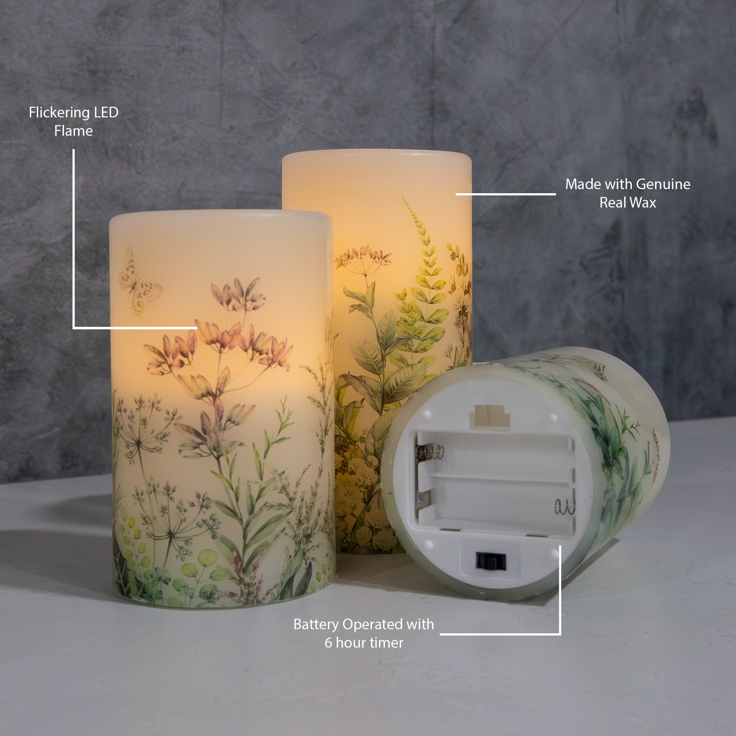 Battery Operated Wax Candles with Floral Design - Set of 3