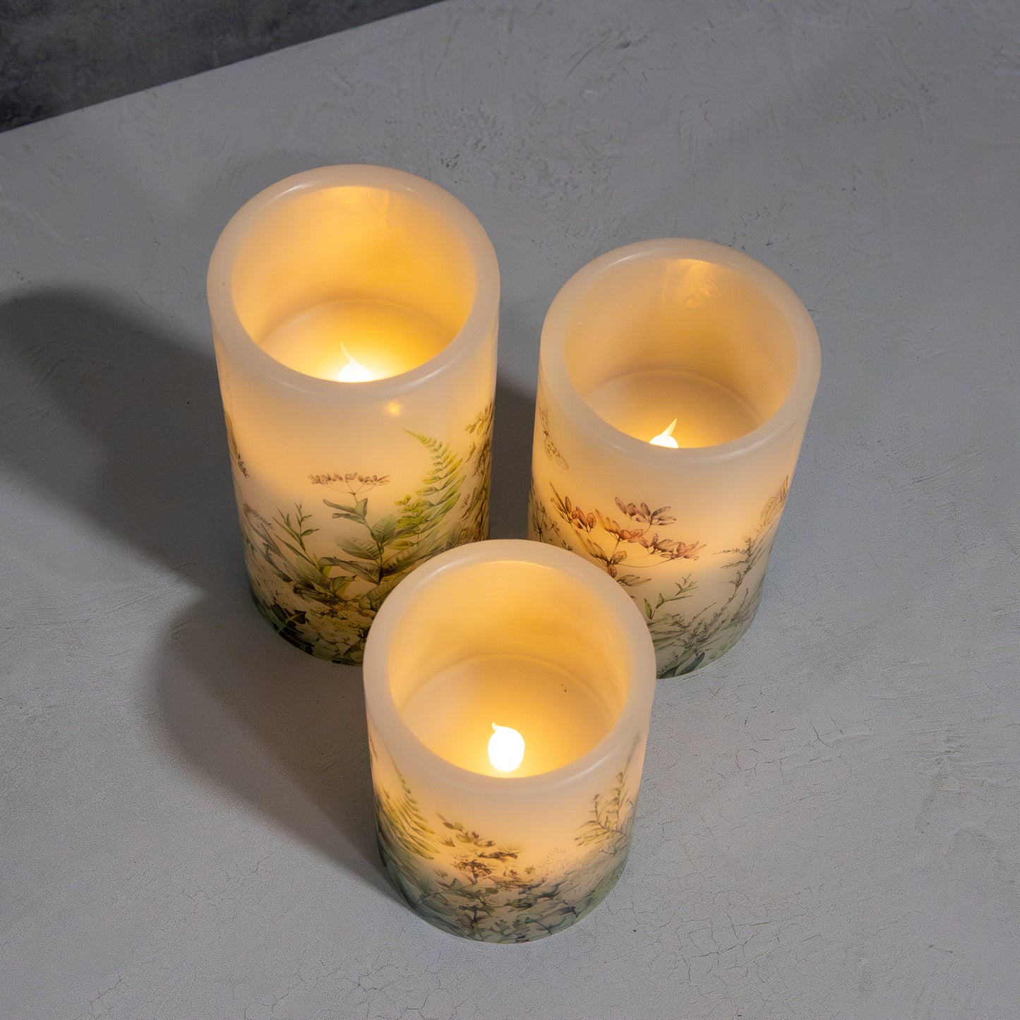 Battery Operated Wax Candles with Floral Design - Set of 3