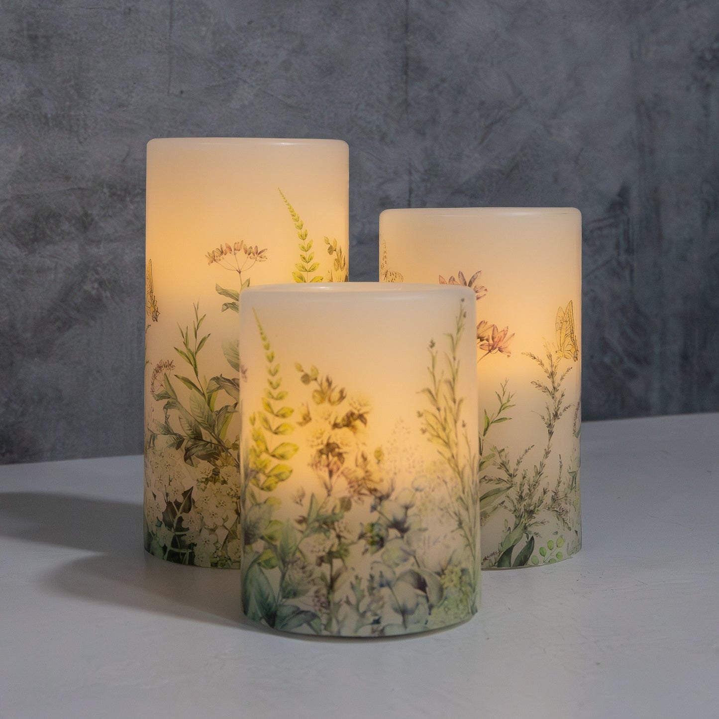 Battery Operated Wax Candles with Floral Design - Set of 3