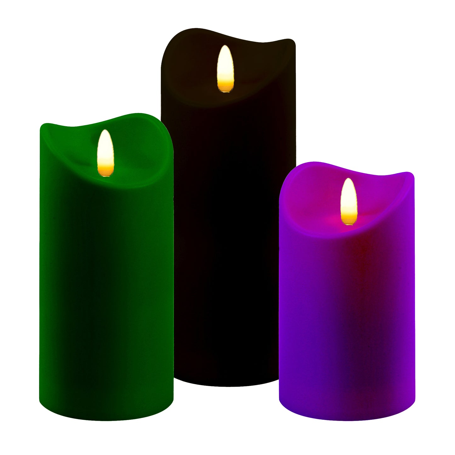 Battery Operated LED Green, Purple & Black Candles - Set of 3