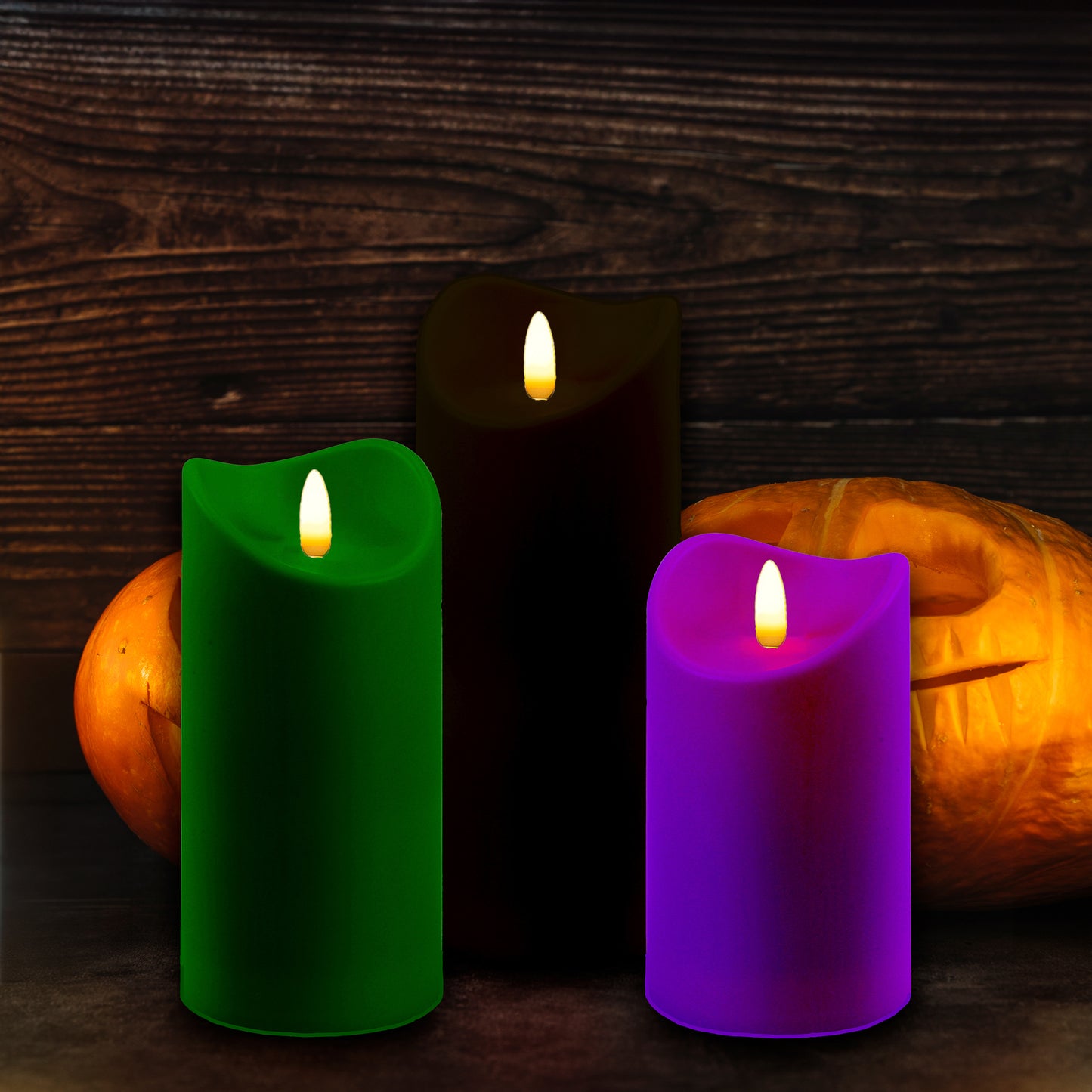 Battery Operated LED Green, Purple & Black Candles - Set of 3