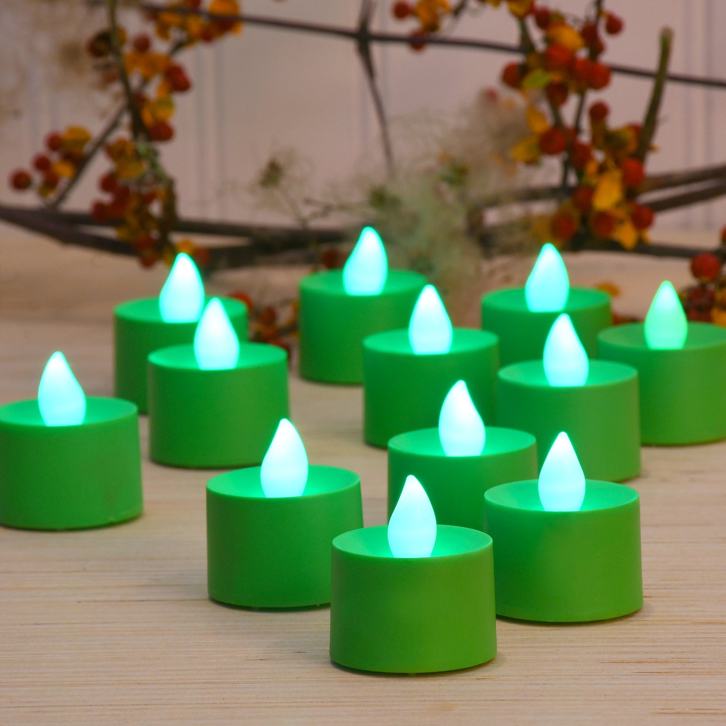 Battery Powered LED Flickering Tealights - Set of 12 - Green
