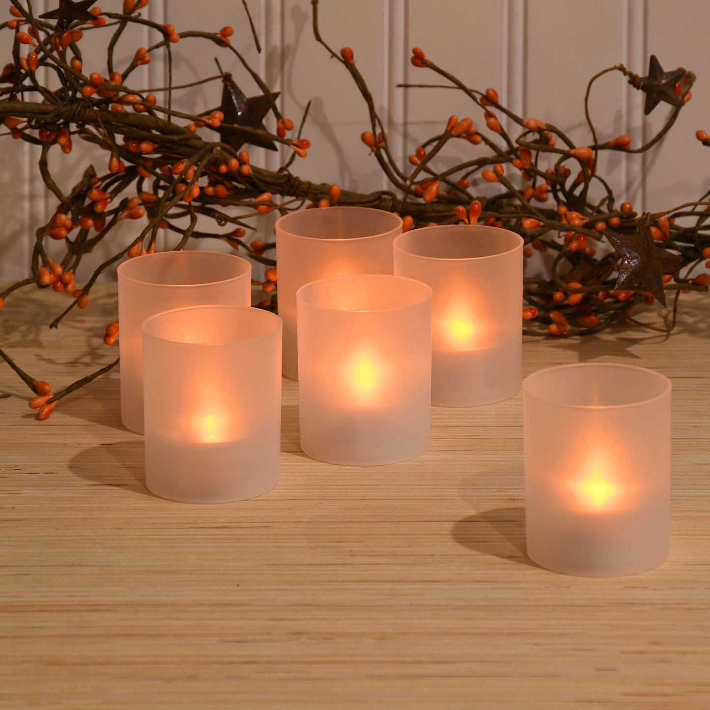 Frosted Votives with Battery Operated LED Lights - Set of 6 - Orange