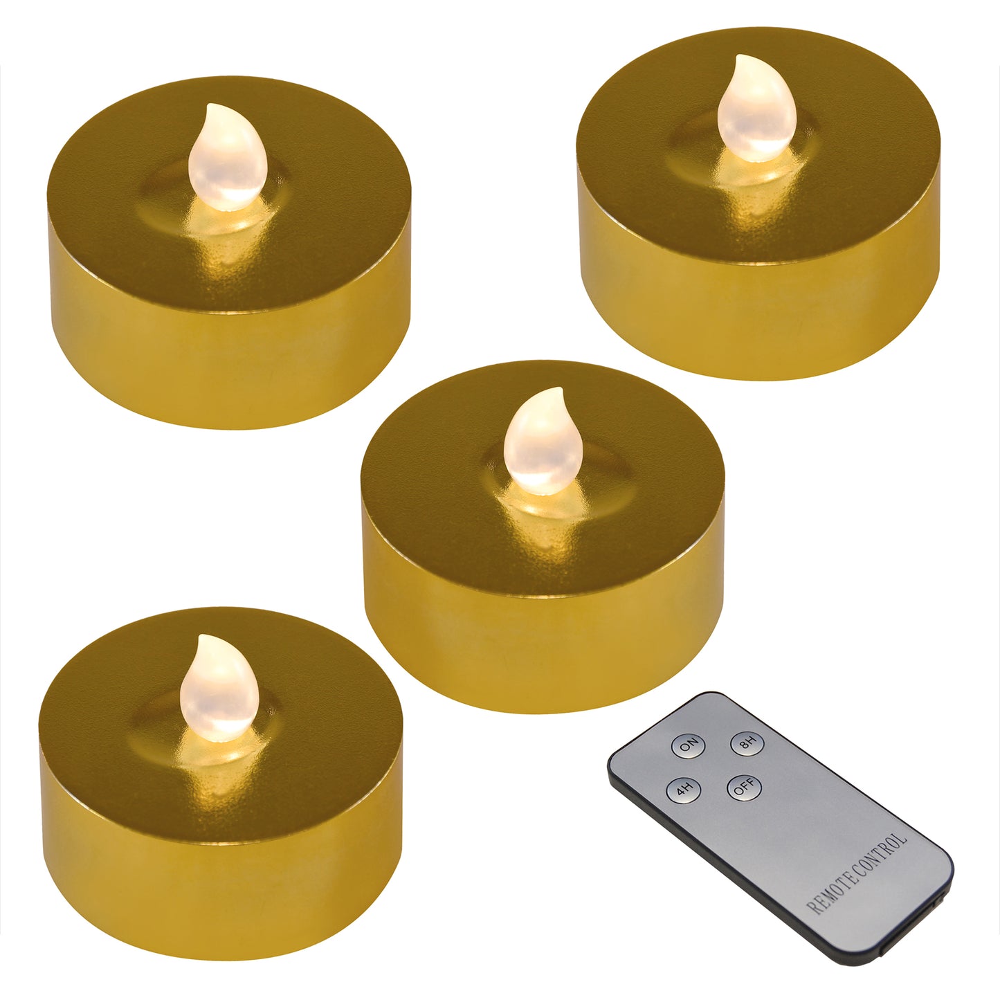 Extra Large Battery Operated Tea Lights with White Lights and Remote Control - Set of 4 - Gold