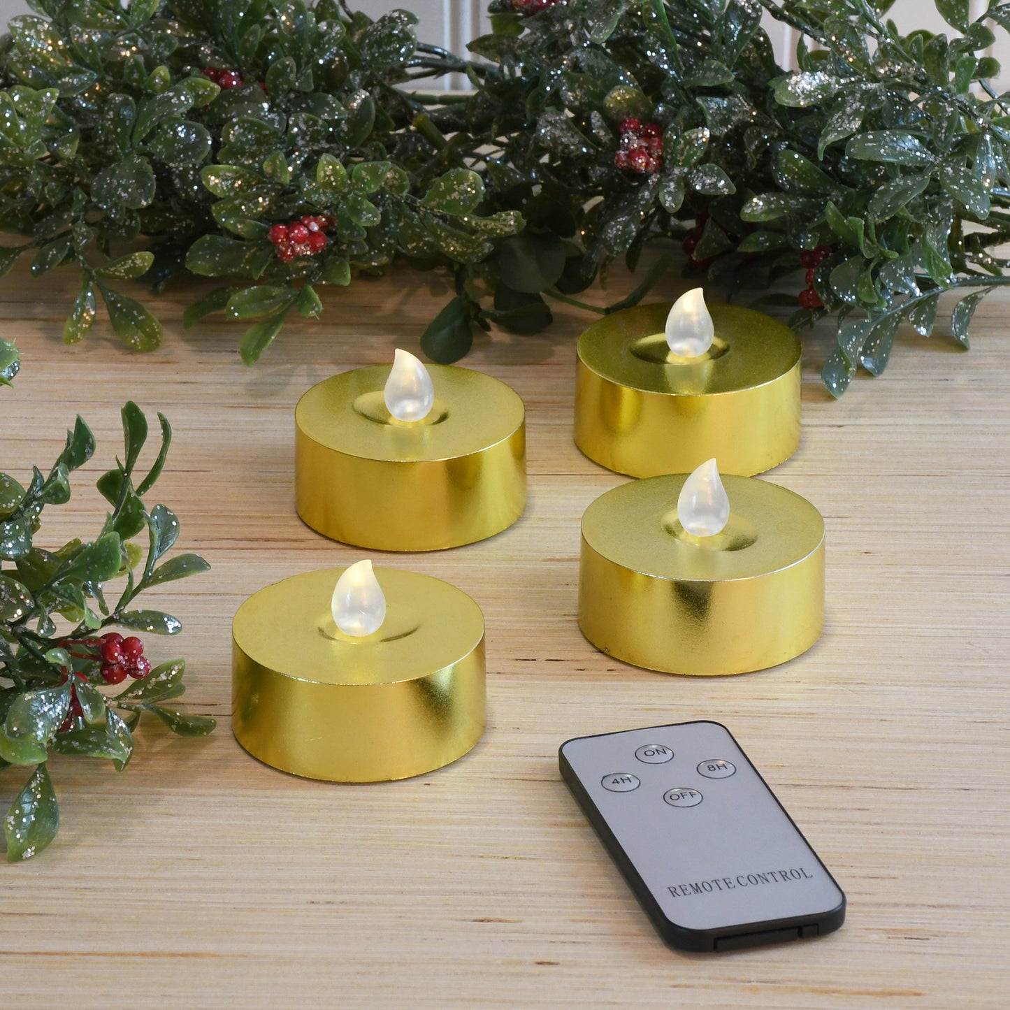 Extra Large Battery Operated Tea Lights with White Lights and Remote Control - Set of 4 - Gold