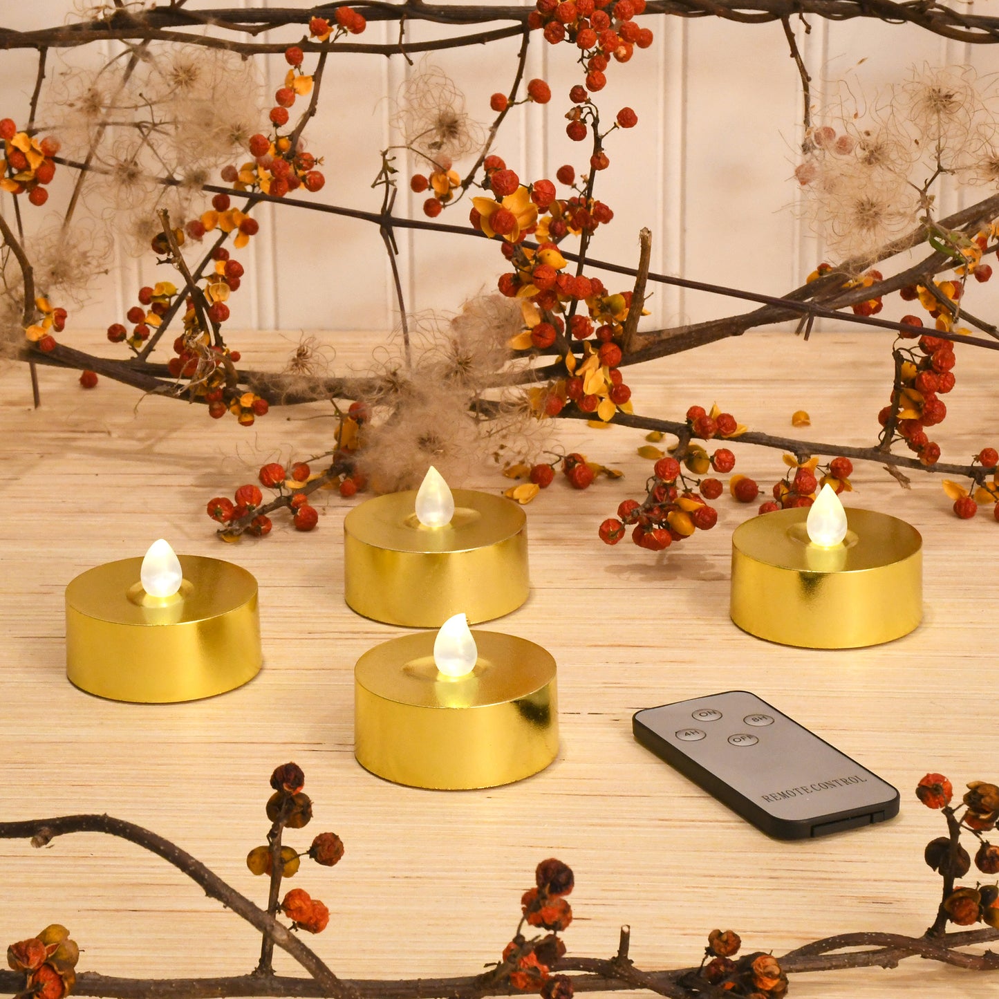 Extra Large Battery Operated Tea Lights with White Lights and Remote Control - Set of 4 - Gold