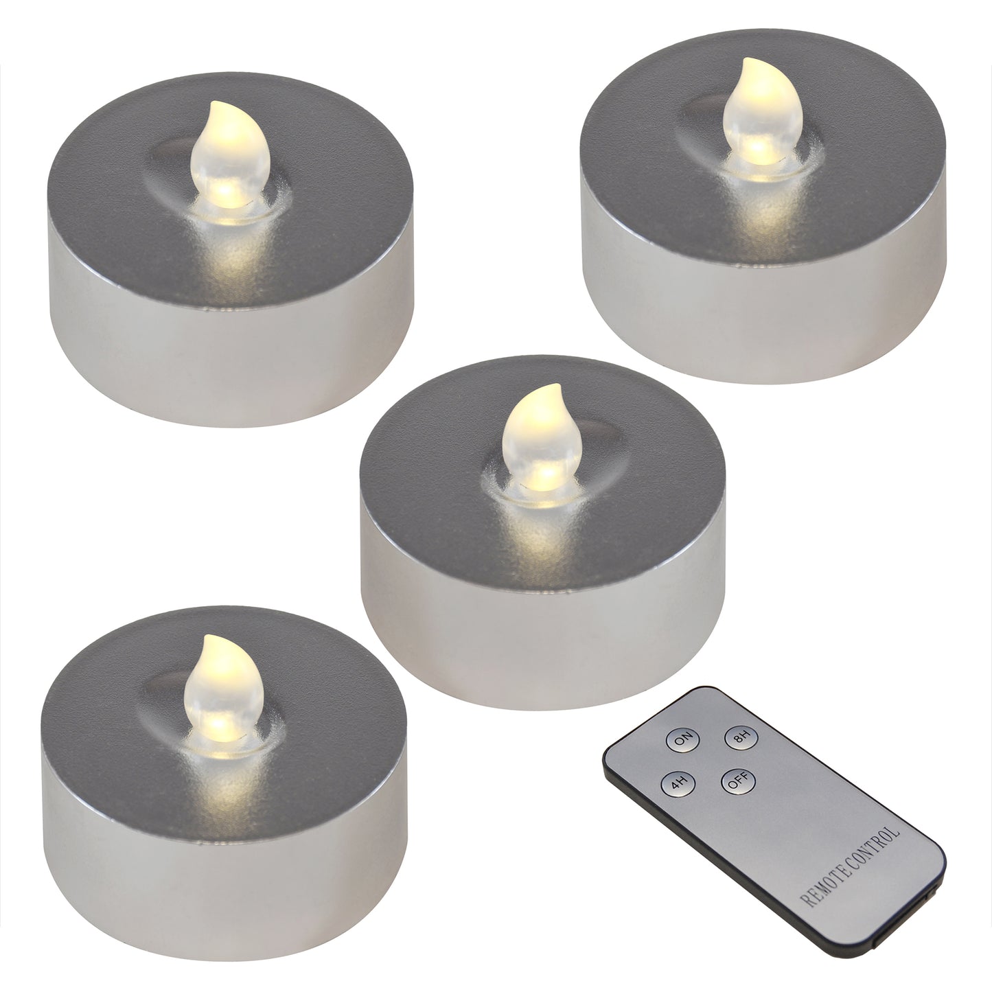 Extra Large Battery Operated Tea Lights with White Lights and Remote Control - Set of 4 - Silver