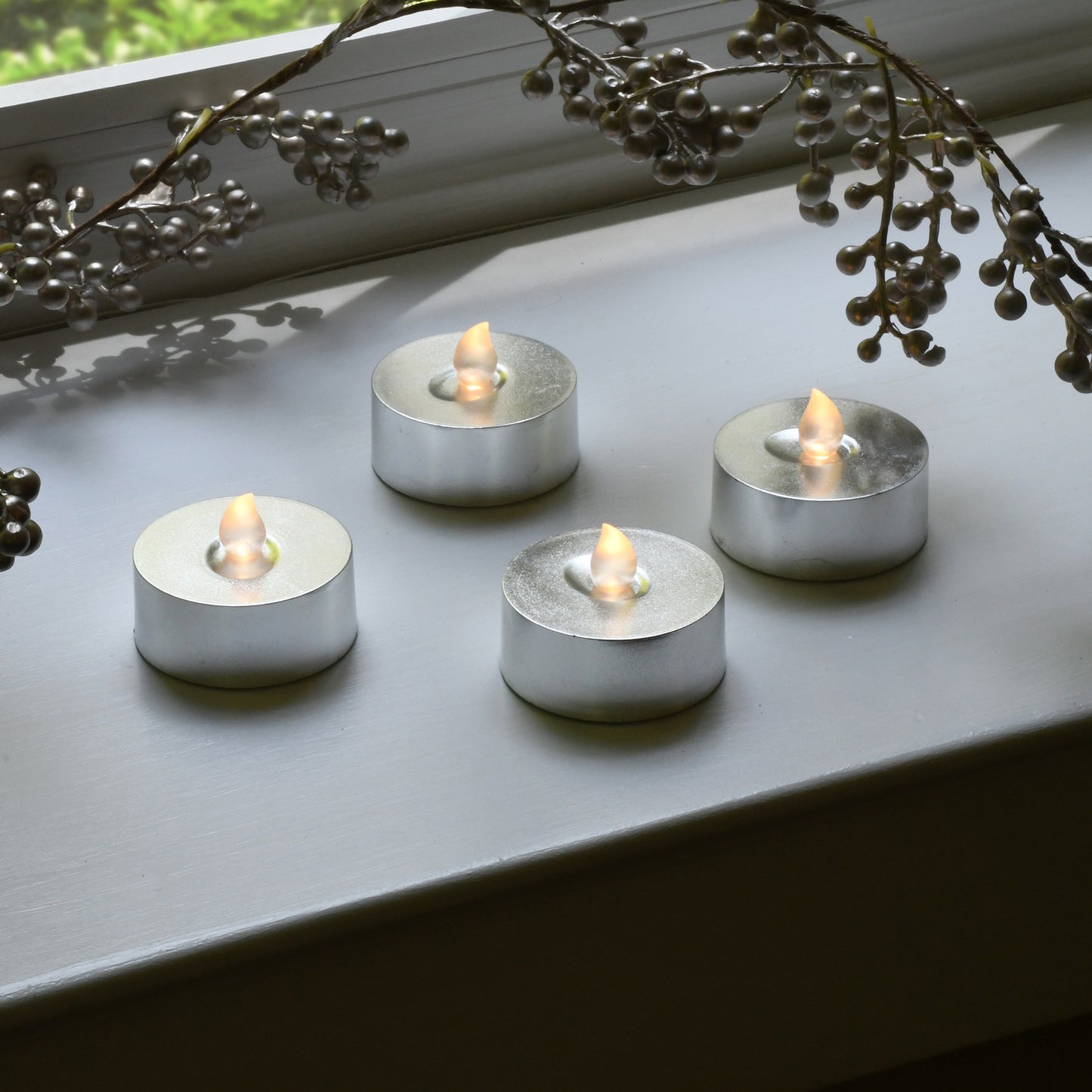 Extra Large Battery Operated Tea Lights with White Lights and Remote Control - Set of 4 - Silver