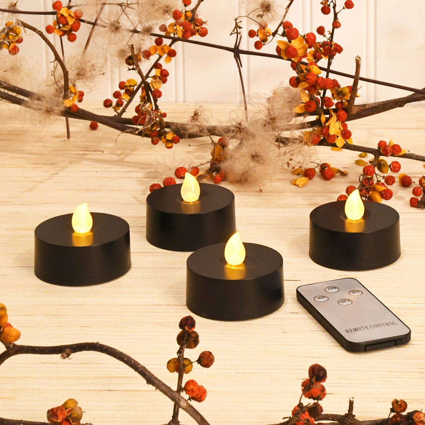 Extra Large Battery Operated Tea Lights with Amber Lights and Remote Control - Set of 4 - Black