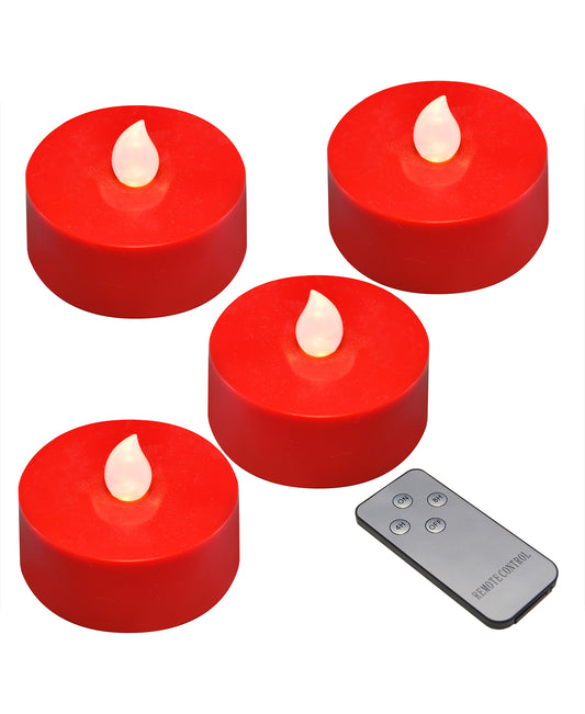 Extra Large Battery Operated Tea Lights with White Lights and Remote Control - Set of 4 - Red