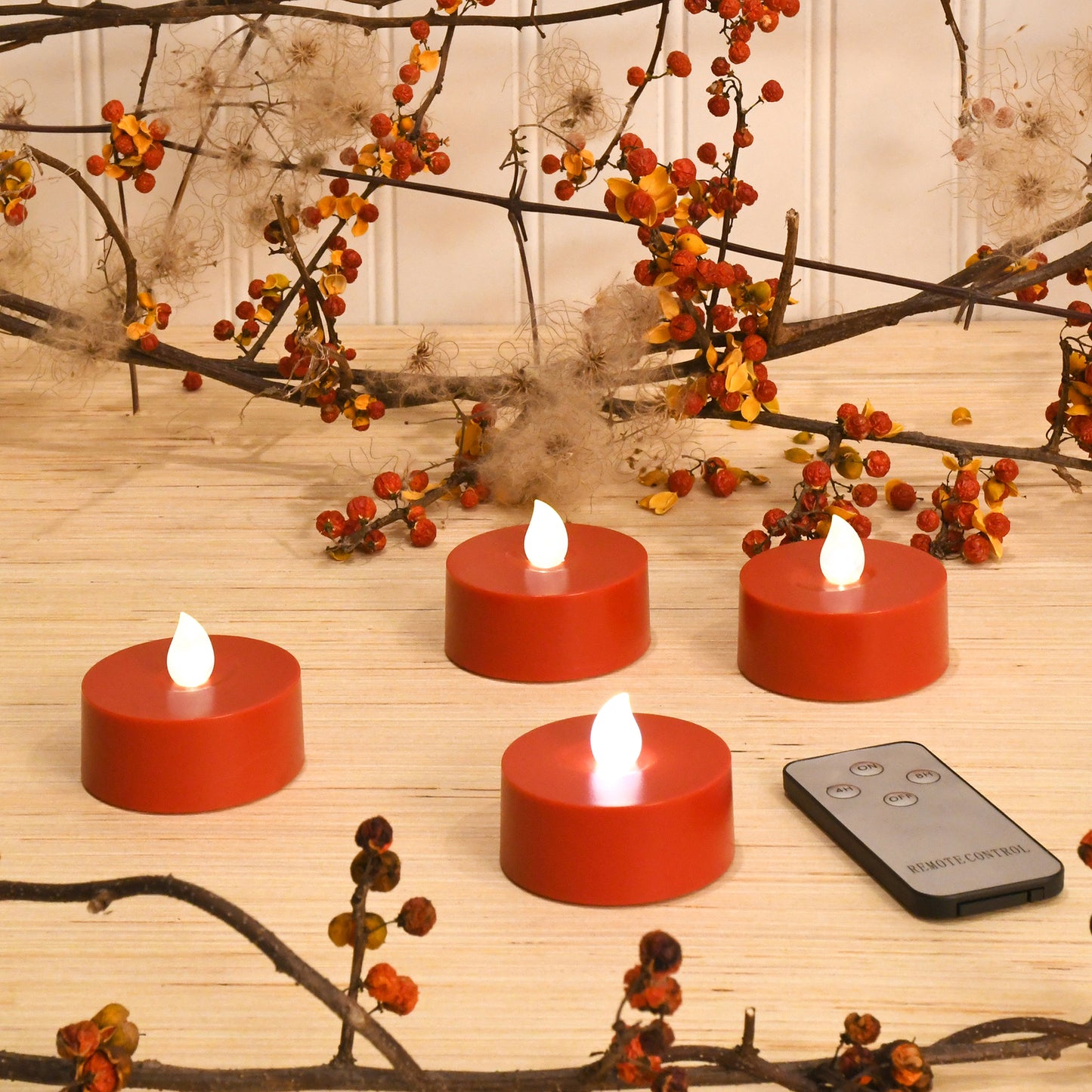 Extra Large Battery Operated Tea Lights with White Lights and Remote Control - Set of 4 - Red