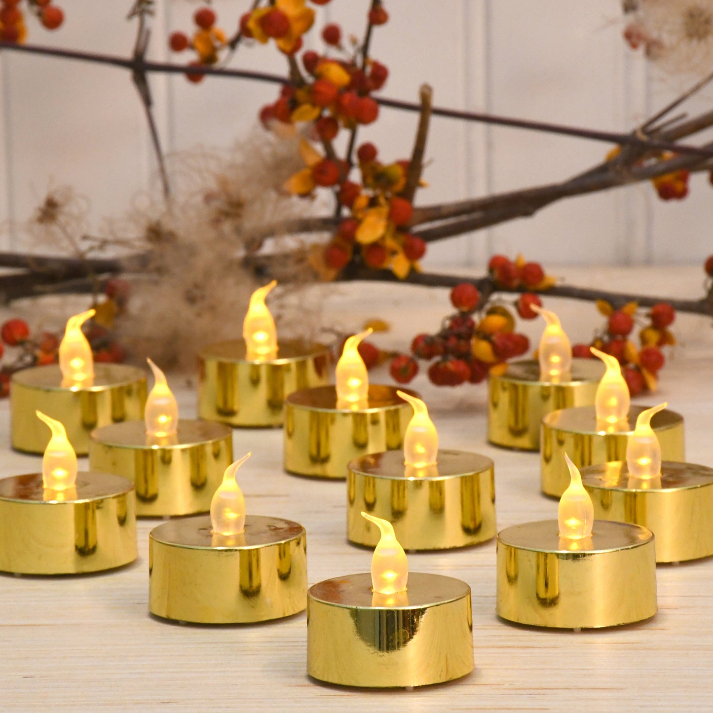 Battery Operated LED Tea Lights - Set of 12 - Metallic Gold