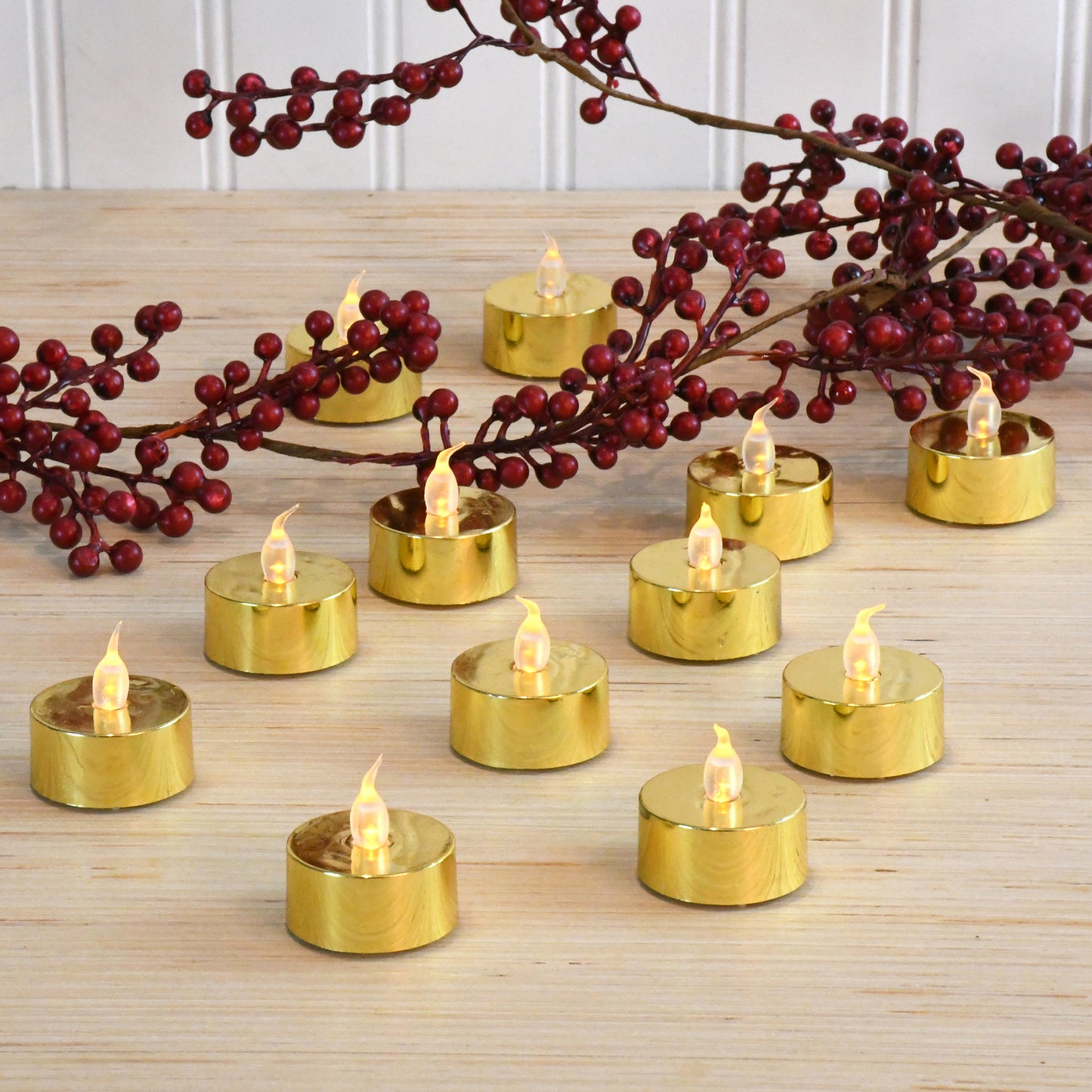 Battery Operated LED Tea Lights - Set of 12 - Metallic Gold