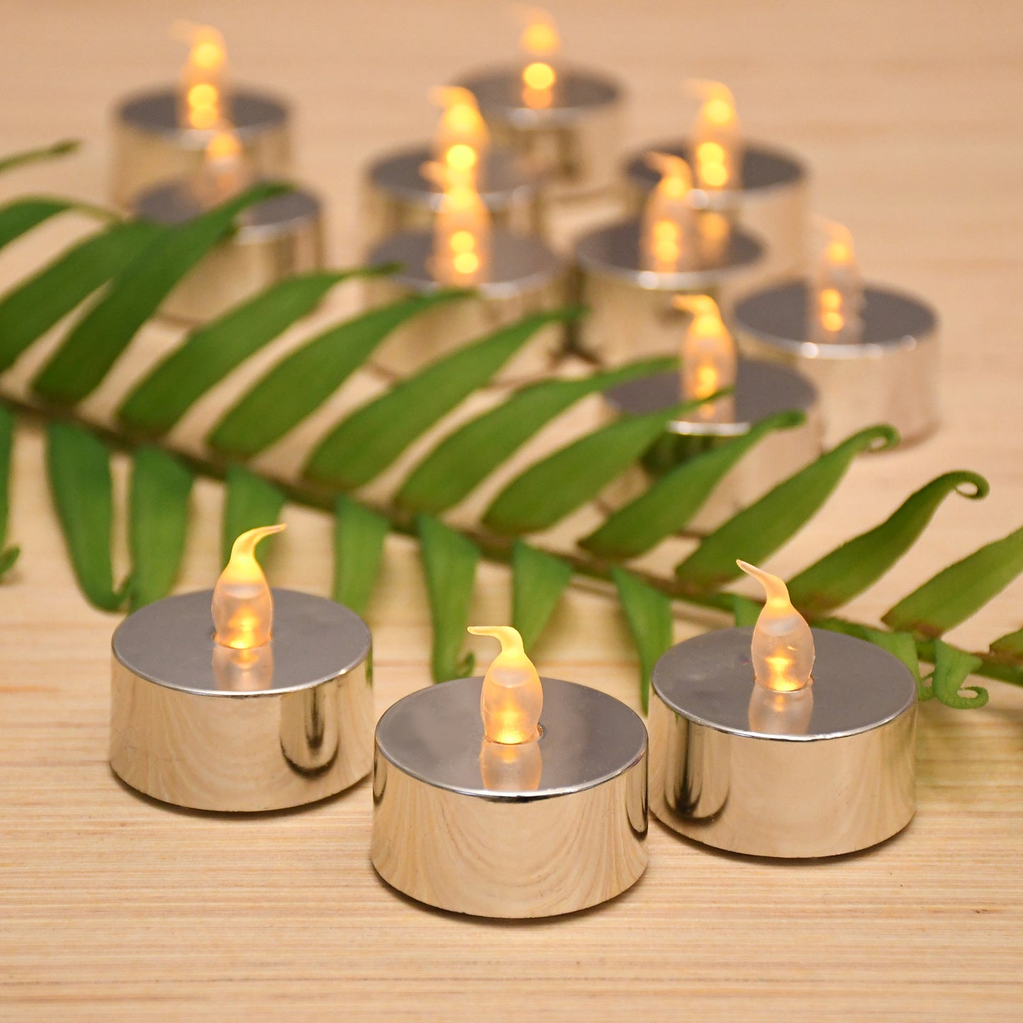 Battery Operated LED Tea Lights - Set of 12 - Metallic Silver