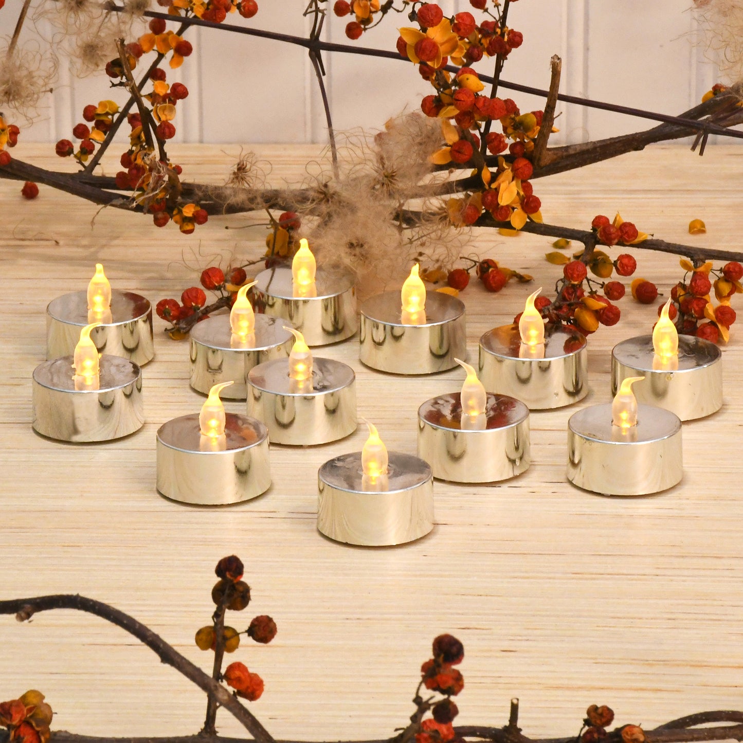 Battery Operated LED Tea Lights - Set of 12 - Metallic Silver