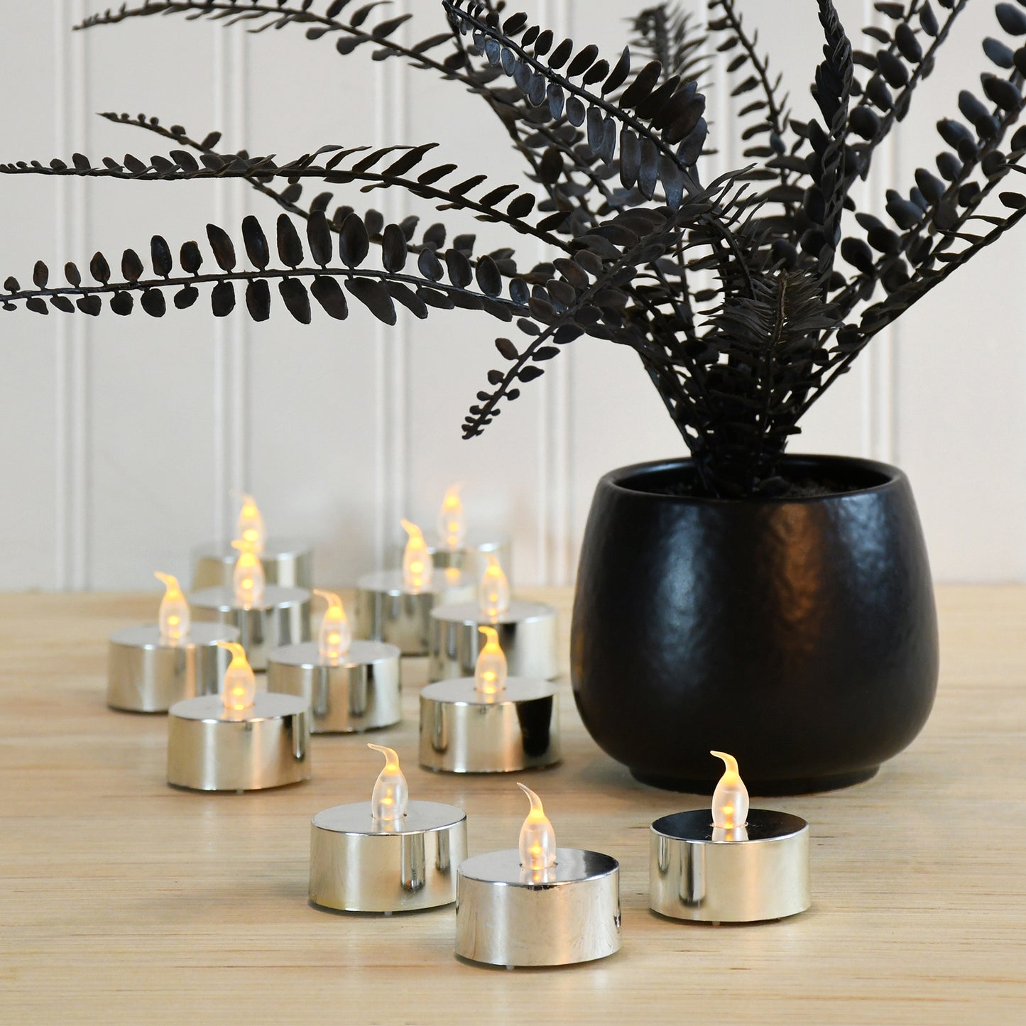 Battery Operated LED Tea Lights - Set of 12 - Metallic Silver