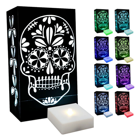 Battery-Operated LED Luminaria Kit, Color Changing Sugar Skull - Set of 6