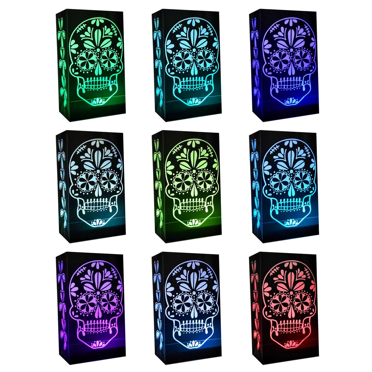 Battery-Operated LED Luminaria Kit, Color Changing Sugar Skull - Set of 6