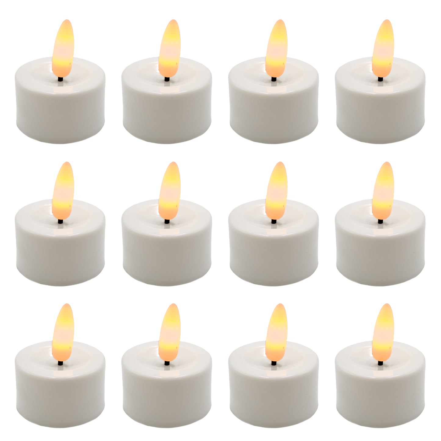 Battery-Operated 3D Wick Flame Tea Lights, White - Set of 12 - White