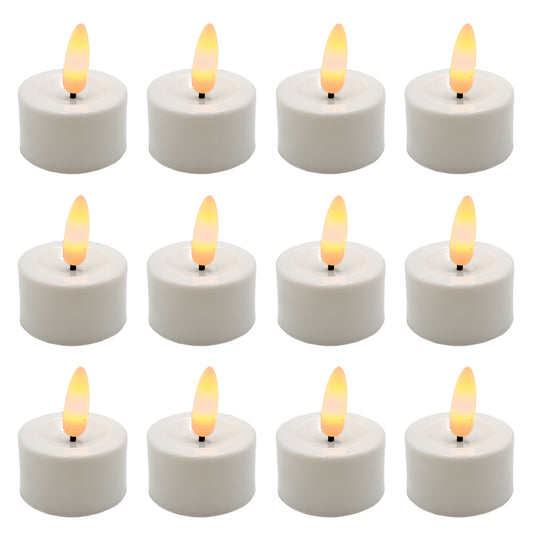 Battery-Operated 3D Wick Flame Tea Lights, White - Set of 12 - White