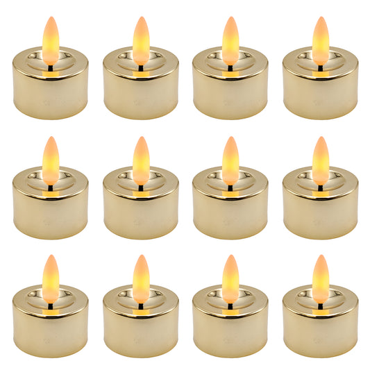 Battery-Operated 3D Wick Flame Tea Lights - Set of 12 - Gold