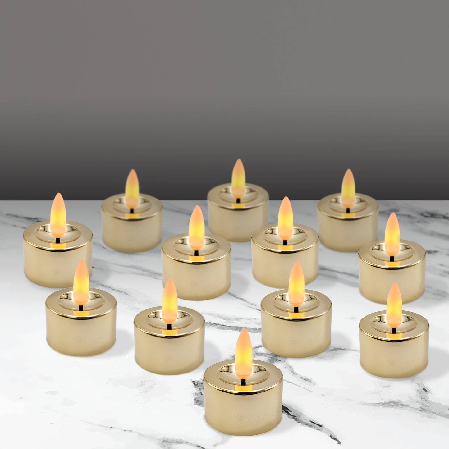 Battery-Operated 3D Wick Flame Tea Lights - Set of 12 - Gold