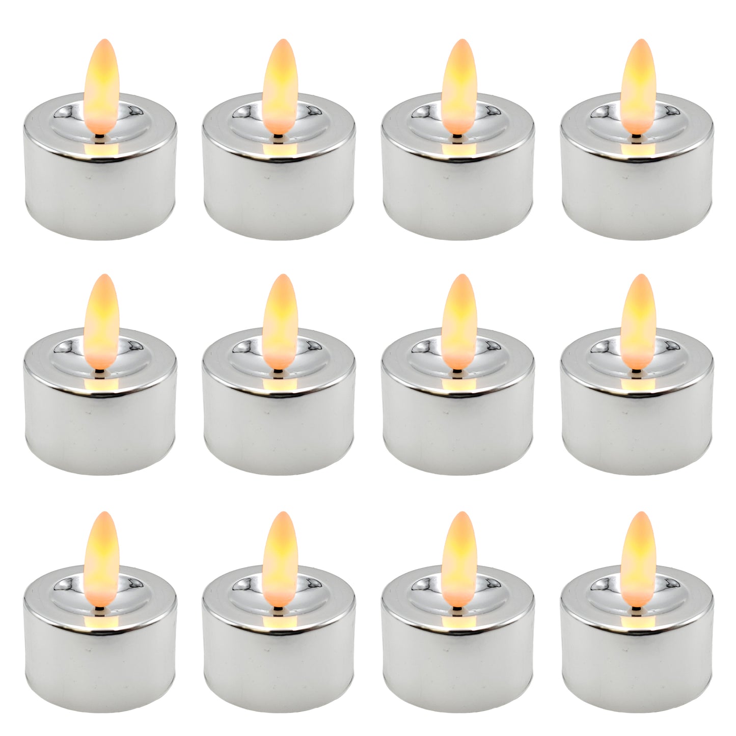 Battery-Operated 3D Wick Flame Tea Lights - Set of 12 - Silver