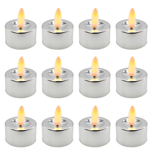 Battery-Operated 3D Wick Flame Tea Lights - Set of 12 - Silver