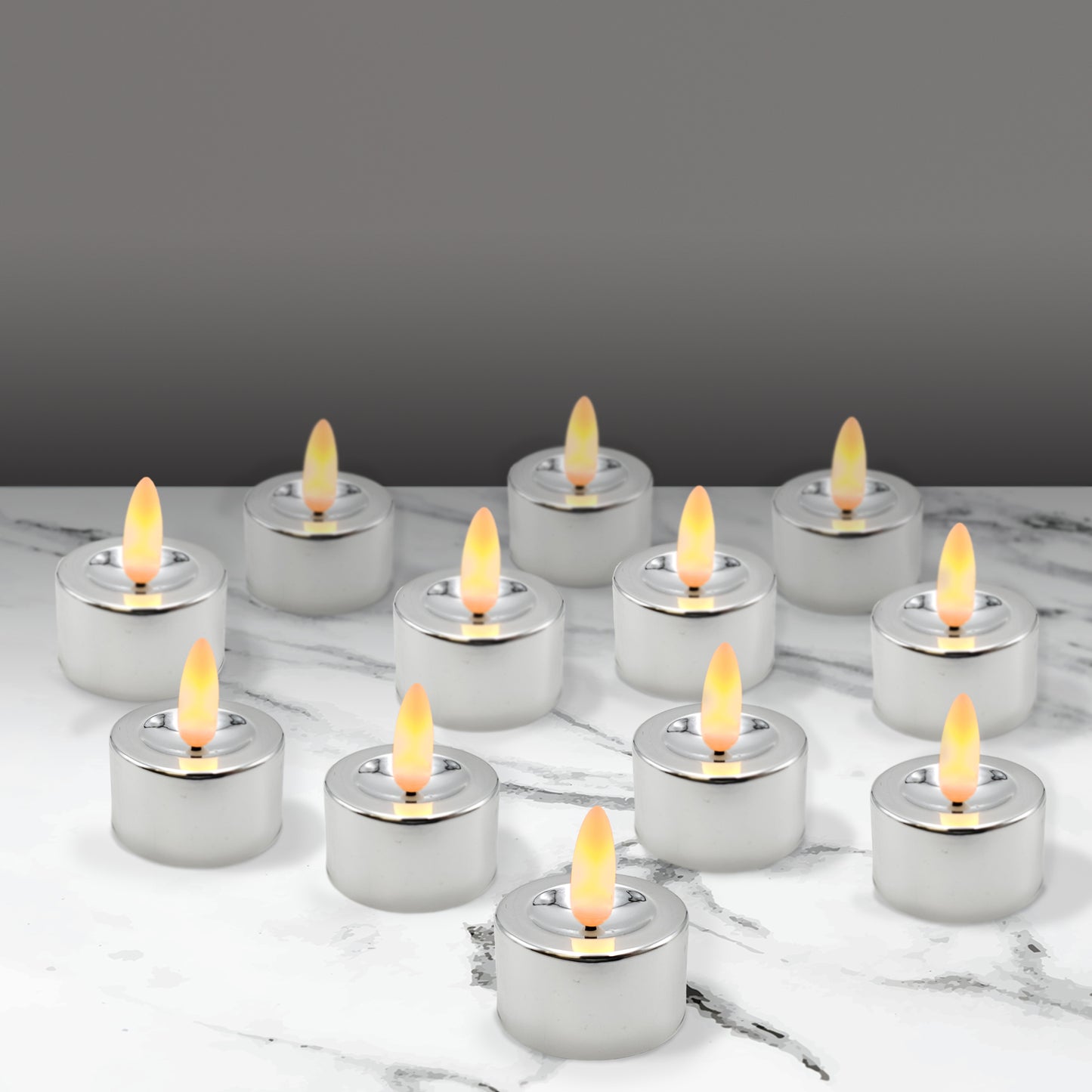 Battery-Operated 3D Wick Flame Tea Lights - Set of 12 - Silver