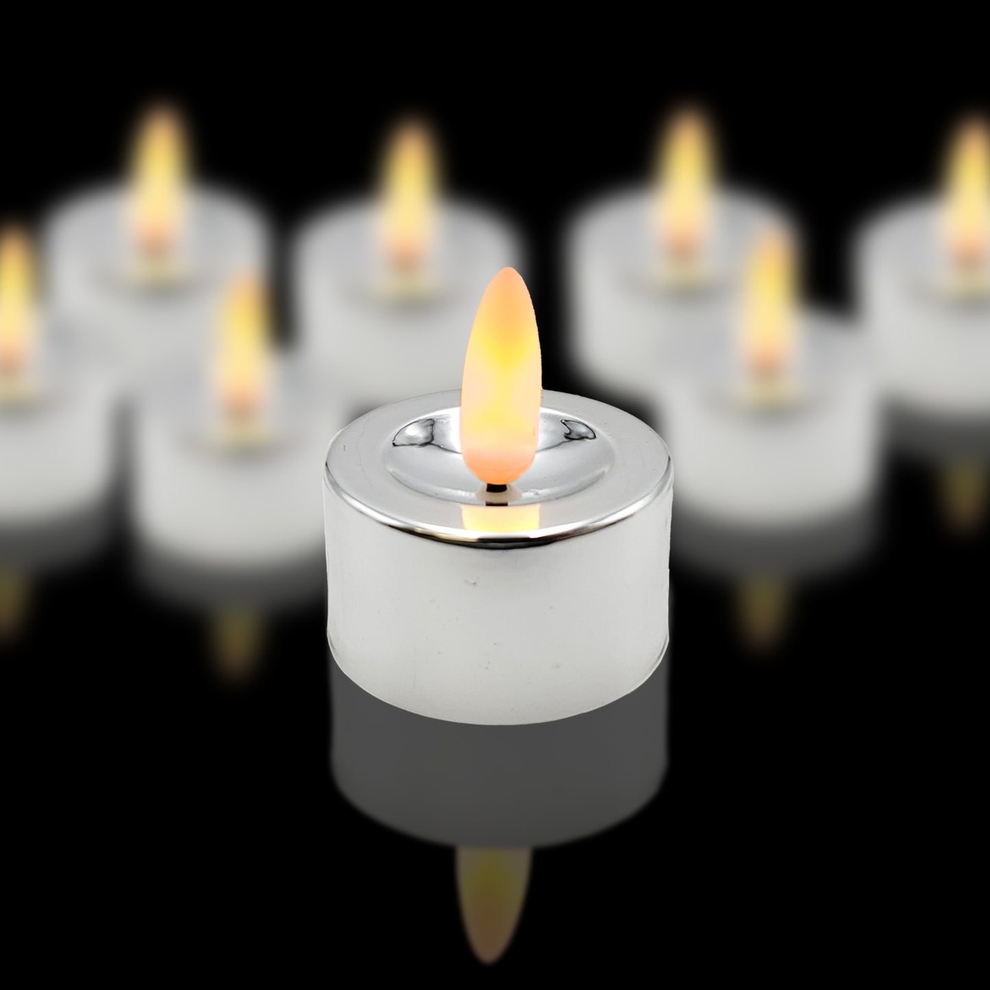 Battery-Operated 3D Wick Flame Tea Lights - Set of 12 - Silver