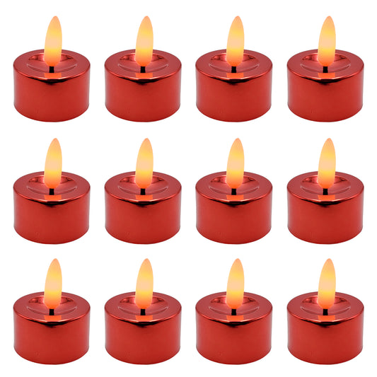 Battery-Operated 3D Wick Flame Tea Lights - Set of 12 - Red